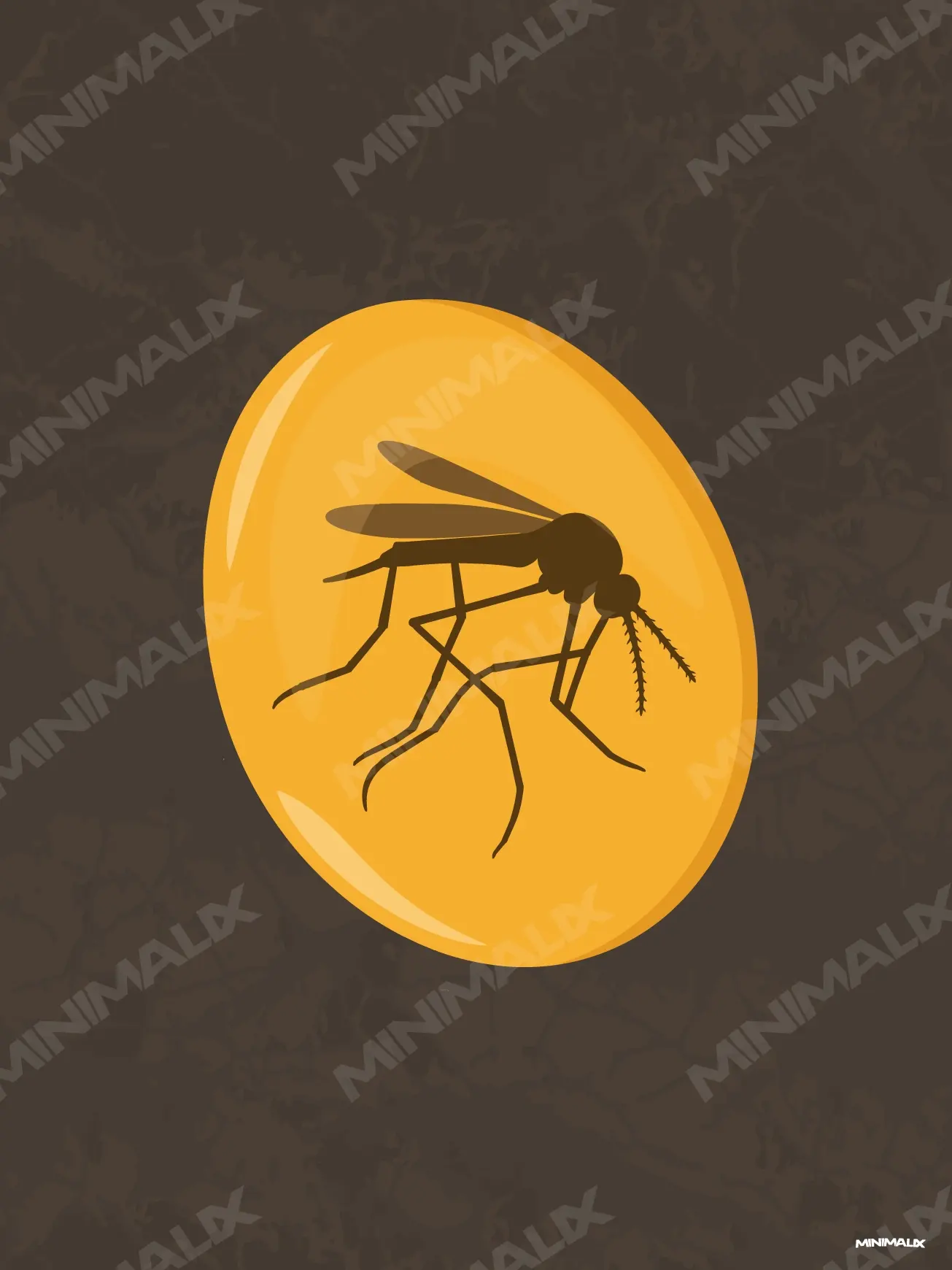 Affiche minimaliste marron et orange : un moustique figé dans une goutte d'ambre dorée sur un fond brun texturé
