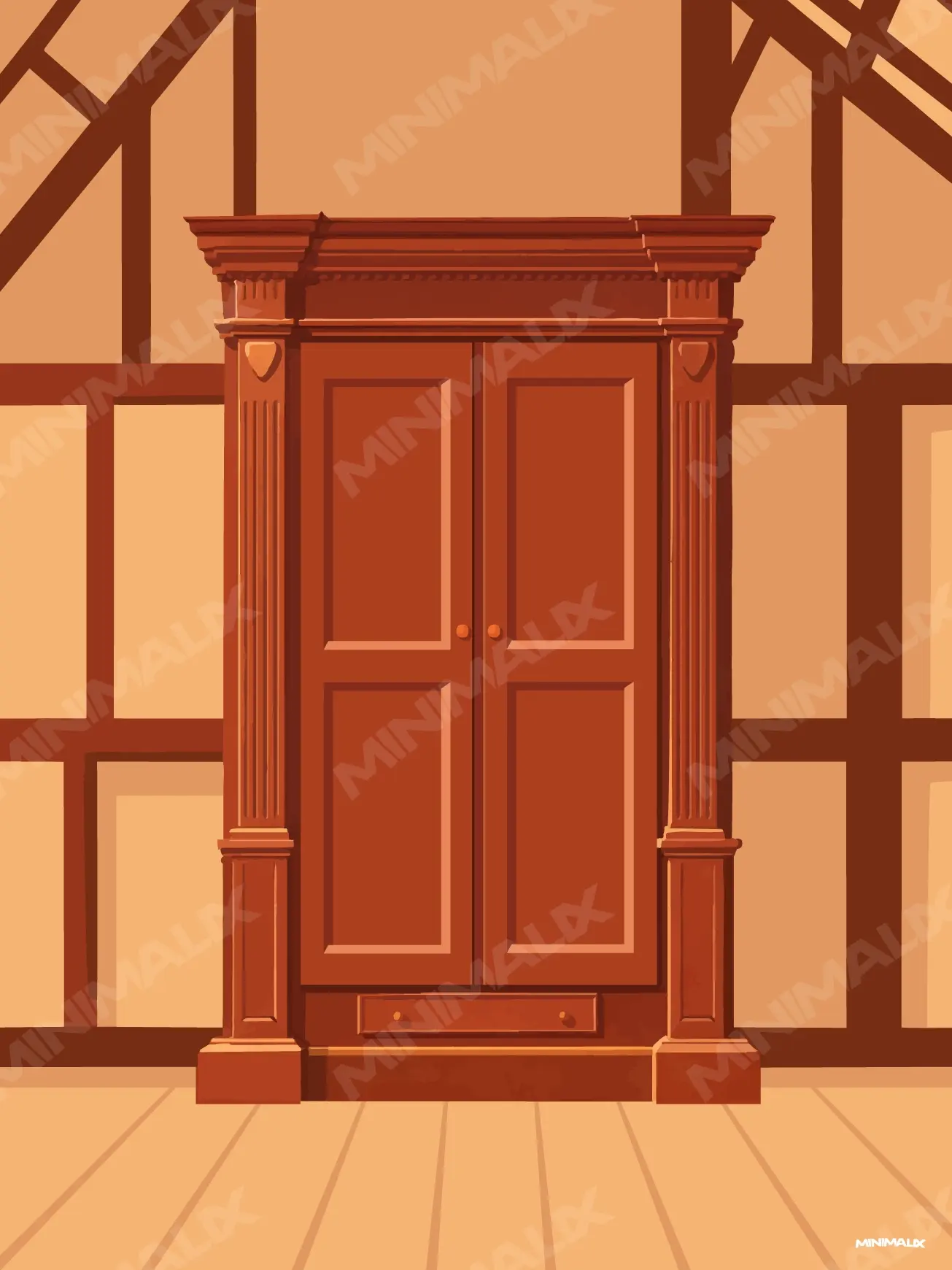 Affiche minimaliste marron : une grande armoire en bois rouge sombre à deux portes et colonnes cannelées, dans une pièce à colombages beige au plancher clair