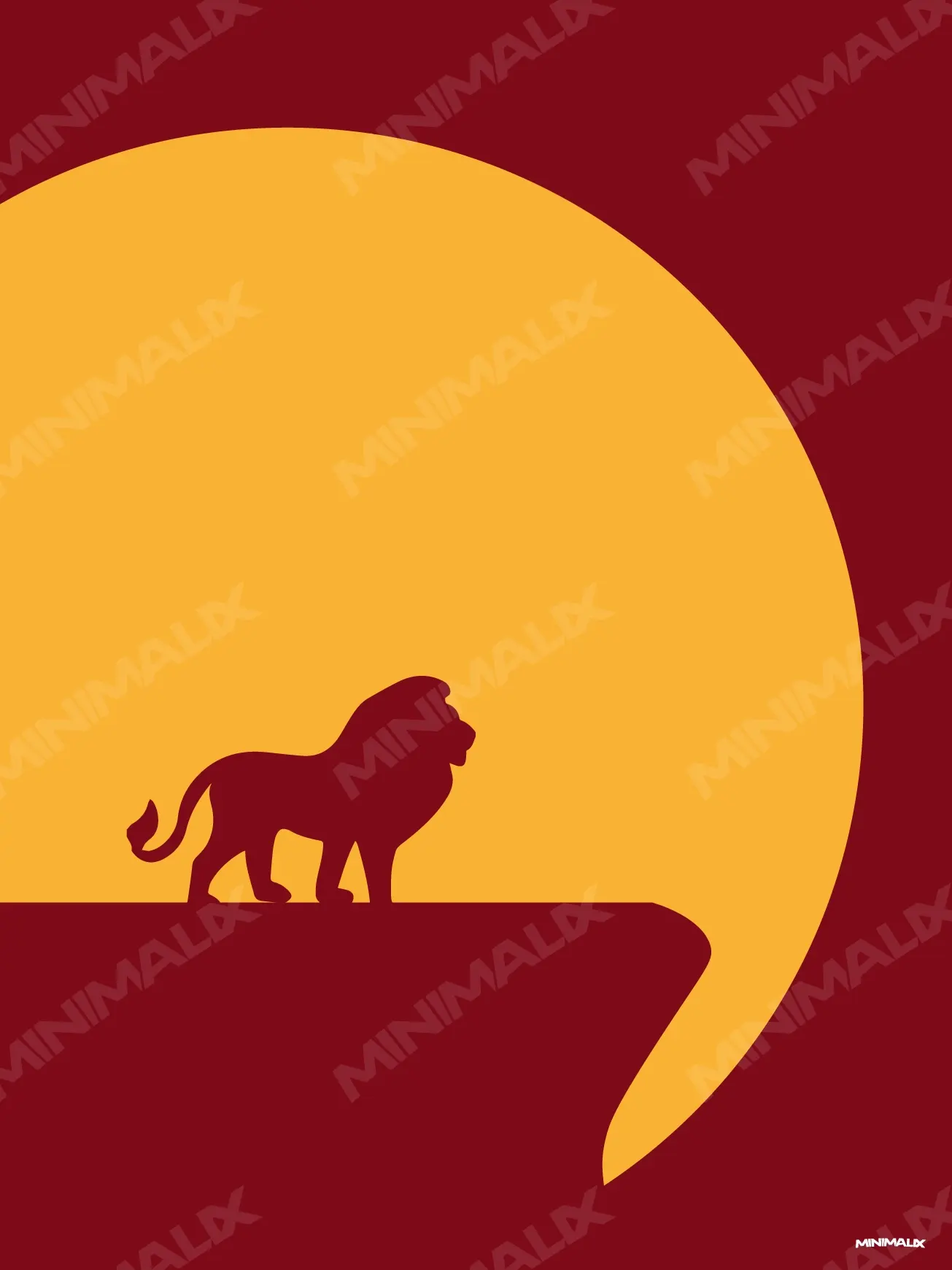 Affiche minimaliste rouge et jaune : la silhouette rouge d'un lion à crinière debout sur un promontoire rocheux, devant un immense soleil jaune sur fond bordeaux
