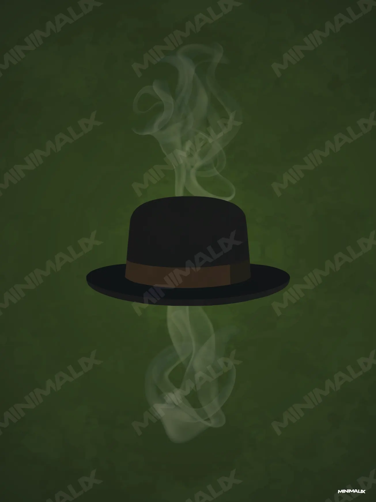 Affiche minimaliste verte : un chapeau noir à ruban brun flotte au centre, des volutes de fumée pâle montent au-dessus et en dessous, fond vert sombre tacheté