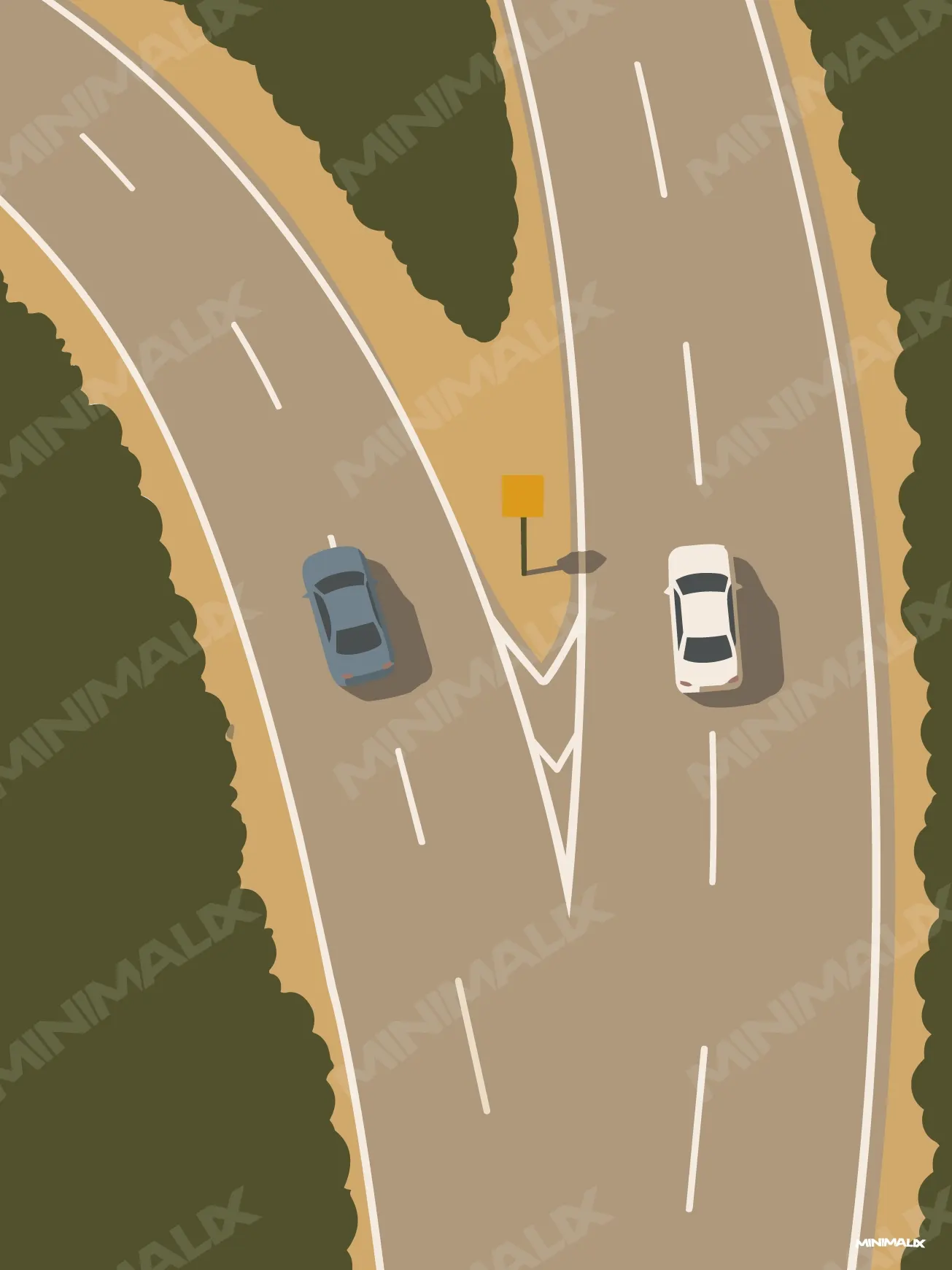 Affiche minimaliste vue de dessus : deux voitures, une bleue et une blanche, à une bifurcation de route bordée de verdure