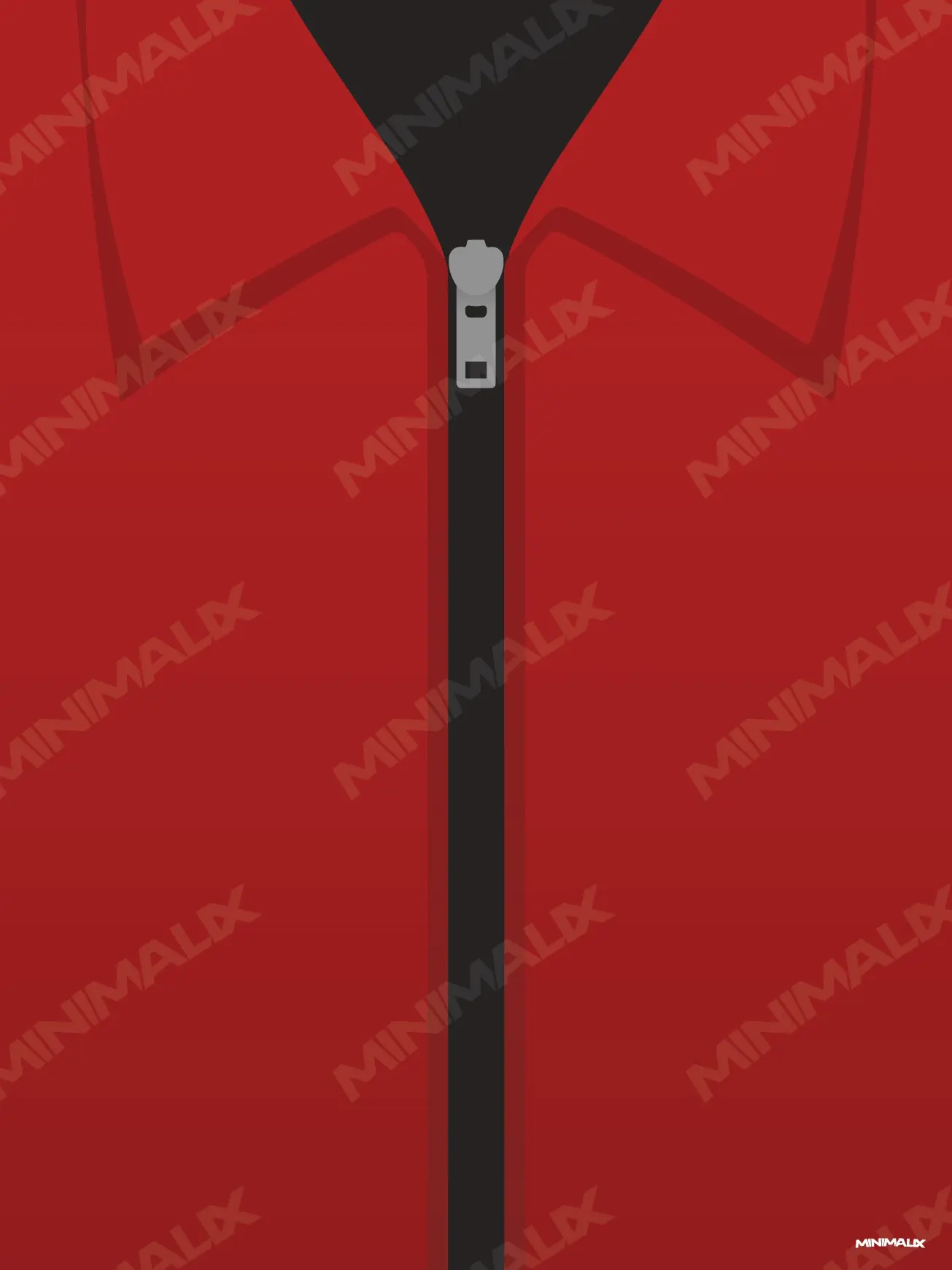 Affiche minimaliste rouge : col ouvert d'une combinaison rouge en plein cadre, fermeture éclair grise entrouverte sur un fond noir