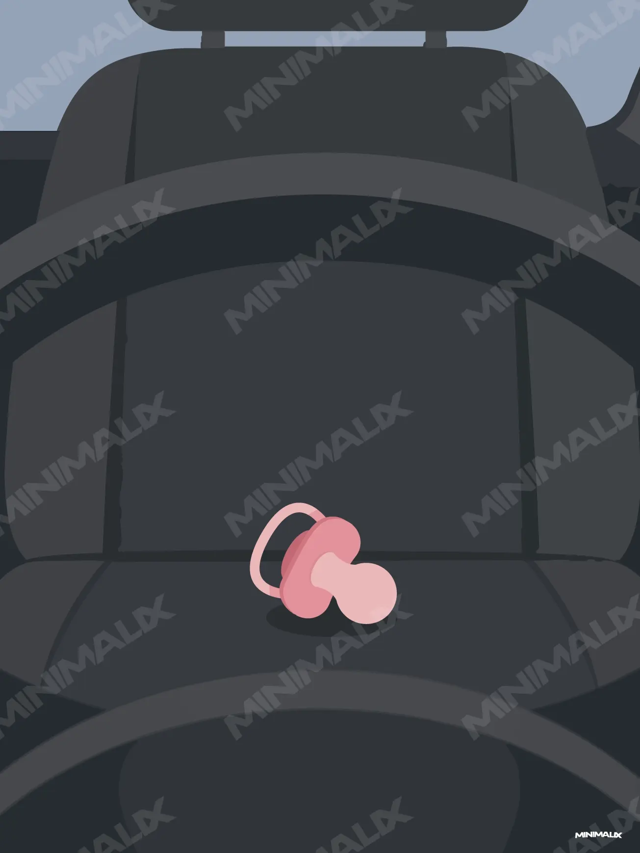Affiche minimaliste noire : un siège de voiture vu de face, une tétine rose posée au centre de l'assise