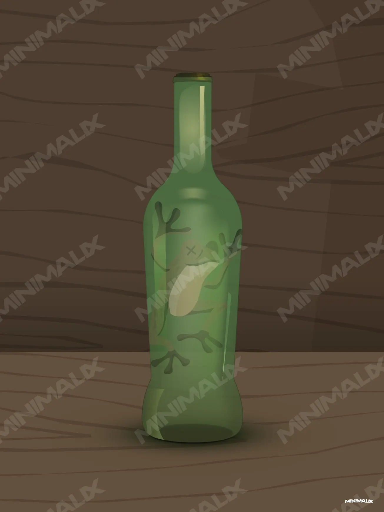 Affiche minimaliste verte et brune : une bouteille en verre vert posée sur une table en bois, un crapaud flotte à l'intérieur