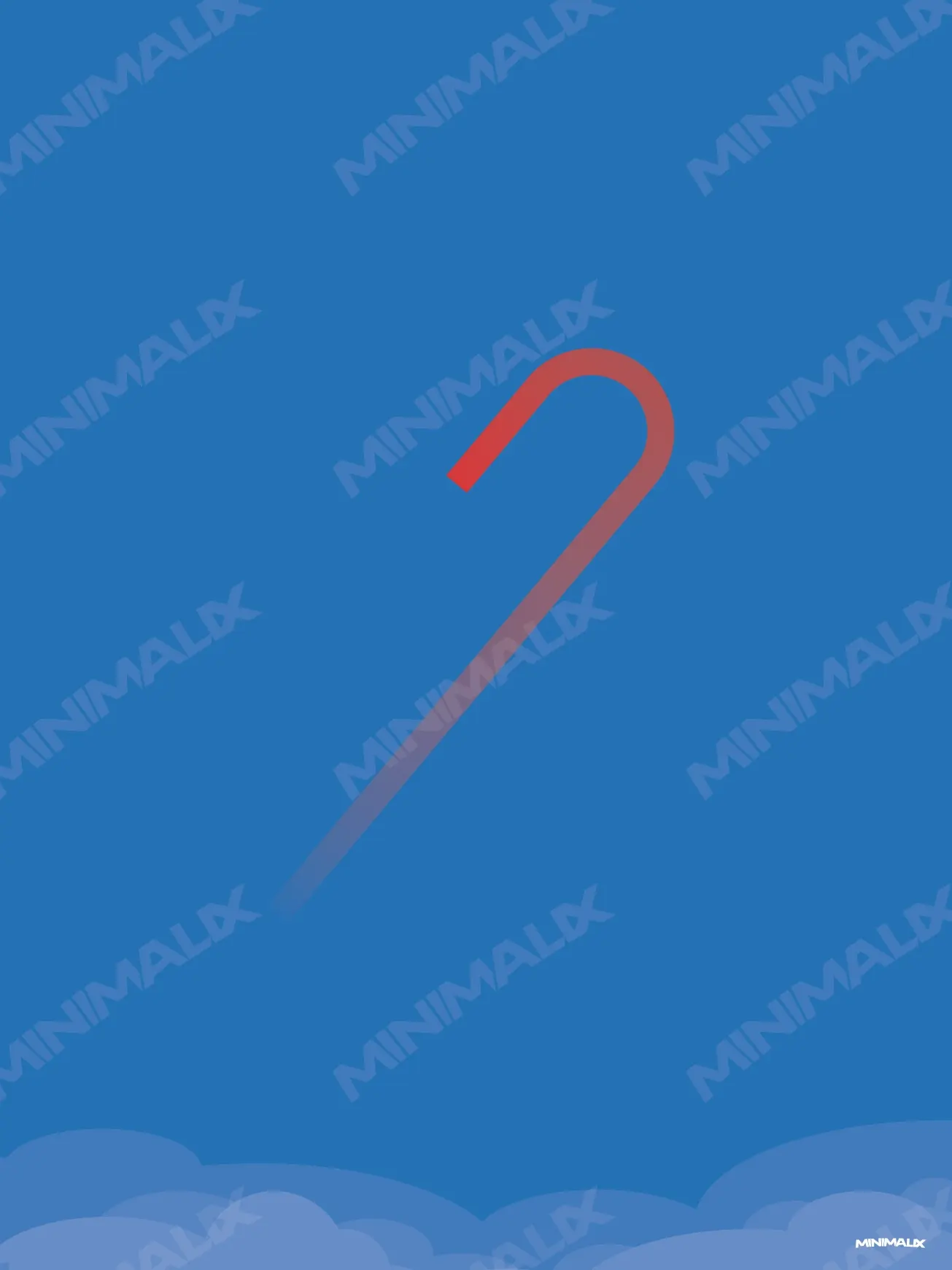 Affiche minimaliste bleue : une traînée dégradée du bleu au rouge qui monte en diagonale et fait demi-tour en crochet, sur un ciel bleu vif avec des nuages en bas