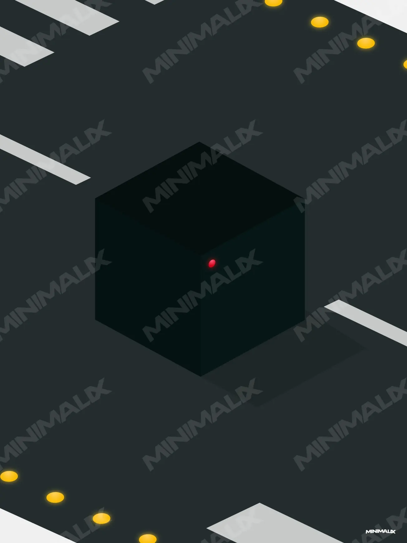 Affiche minimaliste noire : un cube noir posé de biais sur une piste d'aéroport sombre, un point rouge allumé sur une arête, marquages blancs et feux jaunes