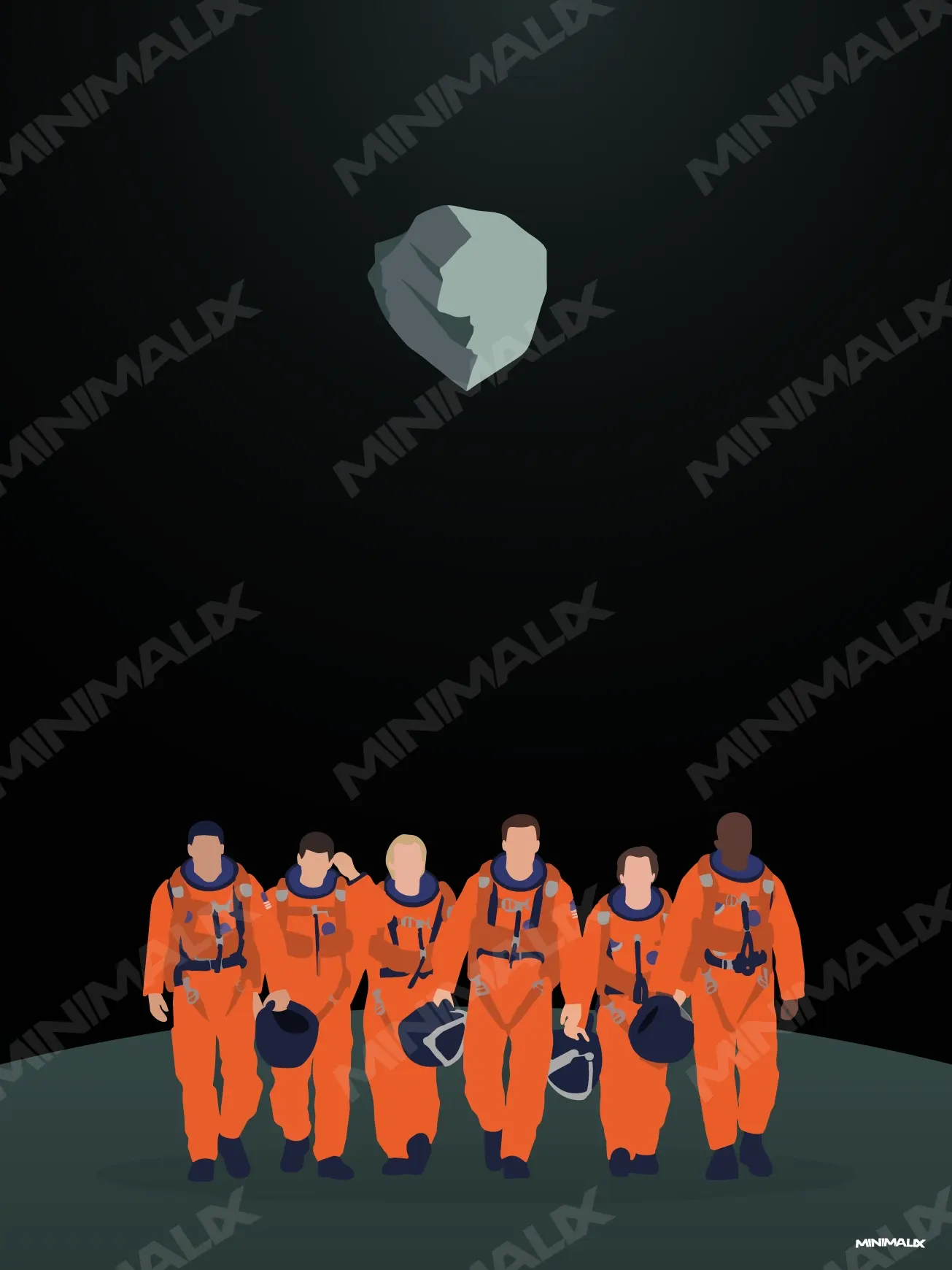 Affiche minimaliste noire : six silhouettes en combinaison orange marchent de front sur un sol gris, casque à la main, sous un astéroïde gris