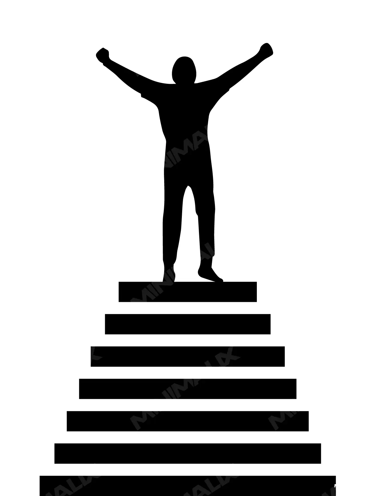Affiche minimaliste noir et blanc : silhouette d'un homme bras levés au sommet d'un escalier de six marches