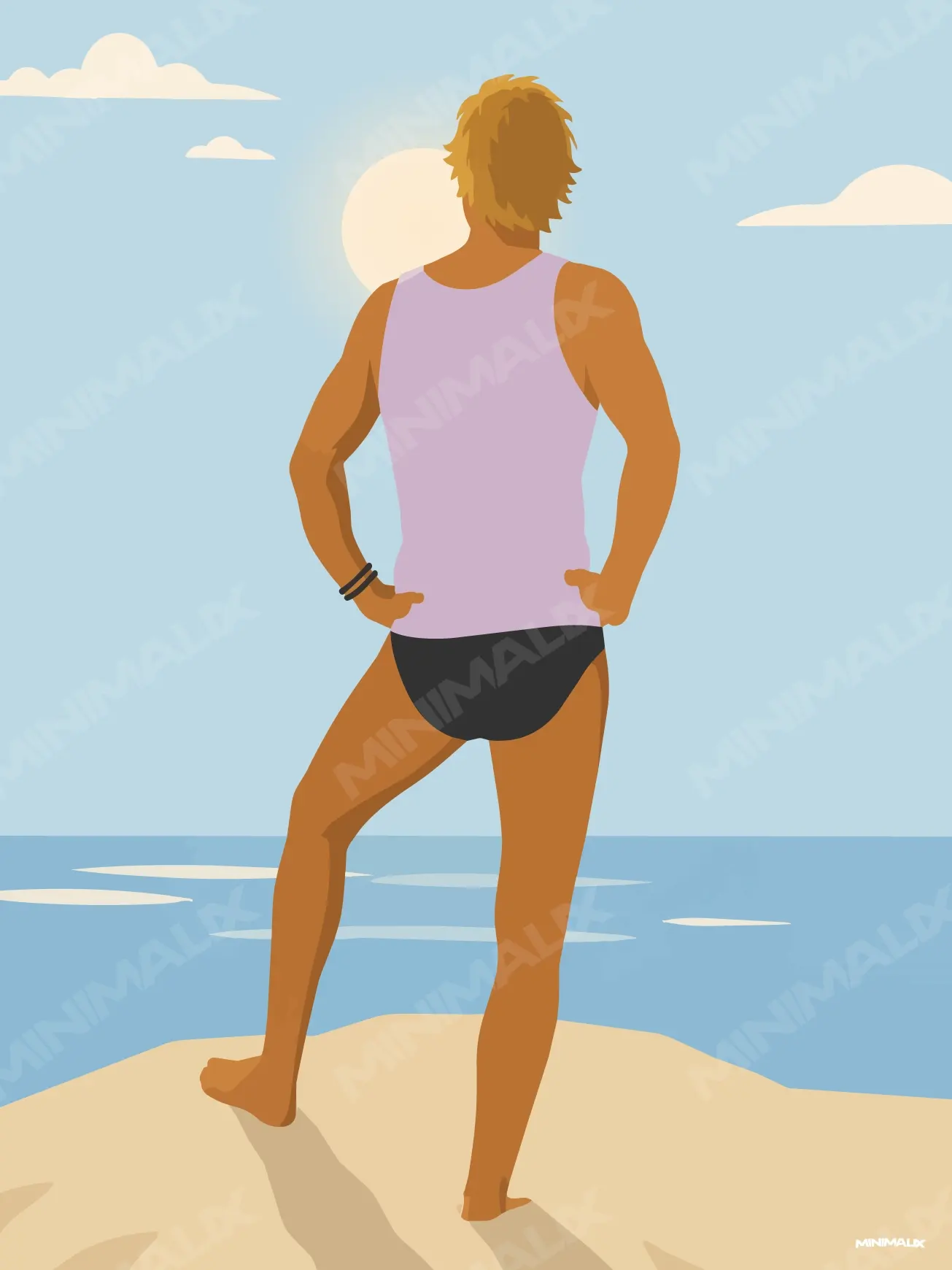 Affiche minimaliste bleu ciel : un homme de dos en marcel rose et slip noir, mains sur les hanches, face à la mer et au soleil