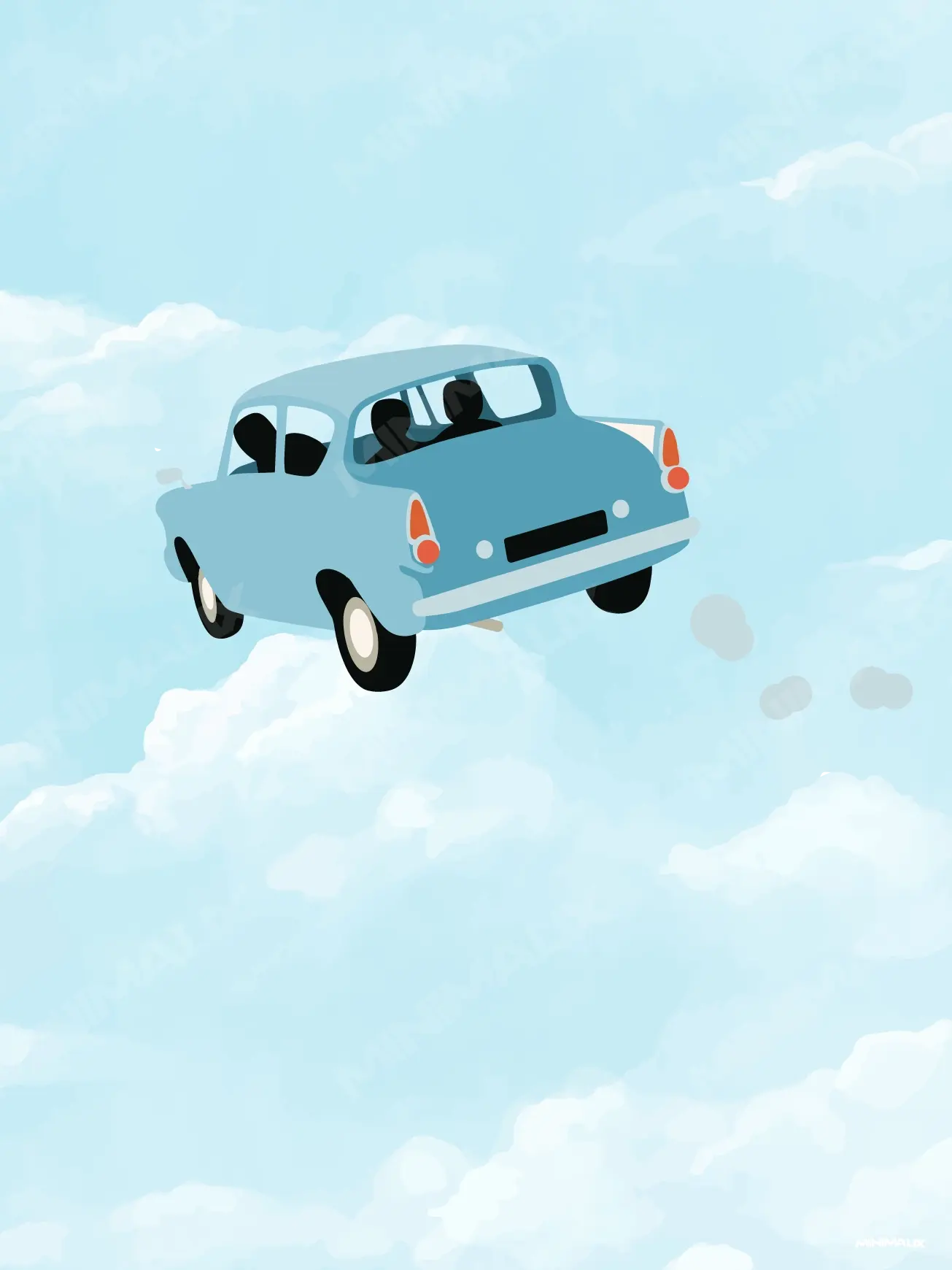 Affiche minimaliste bleu ciel : une vieille voiture bleu clair vue de dos vole entre les nuages, deux silhouettes à bord, feux arrière orange, petites volutes de fumée