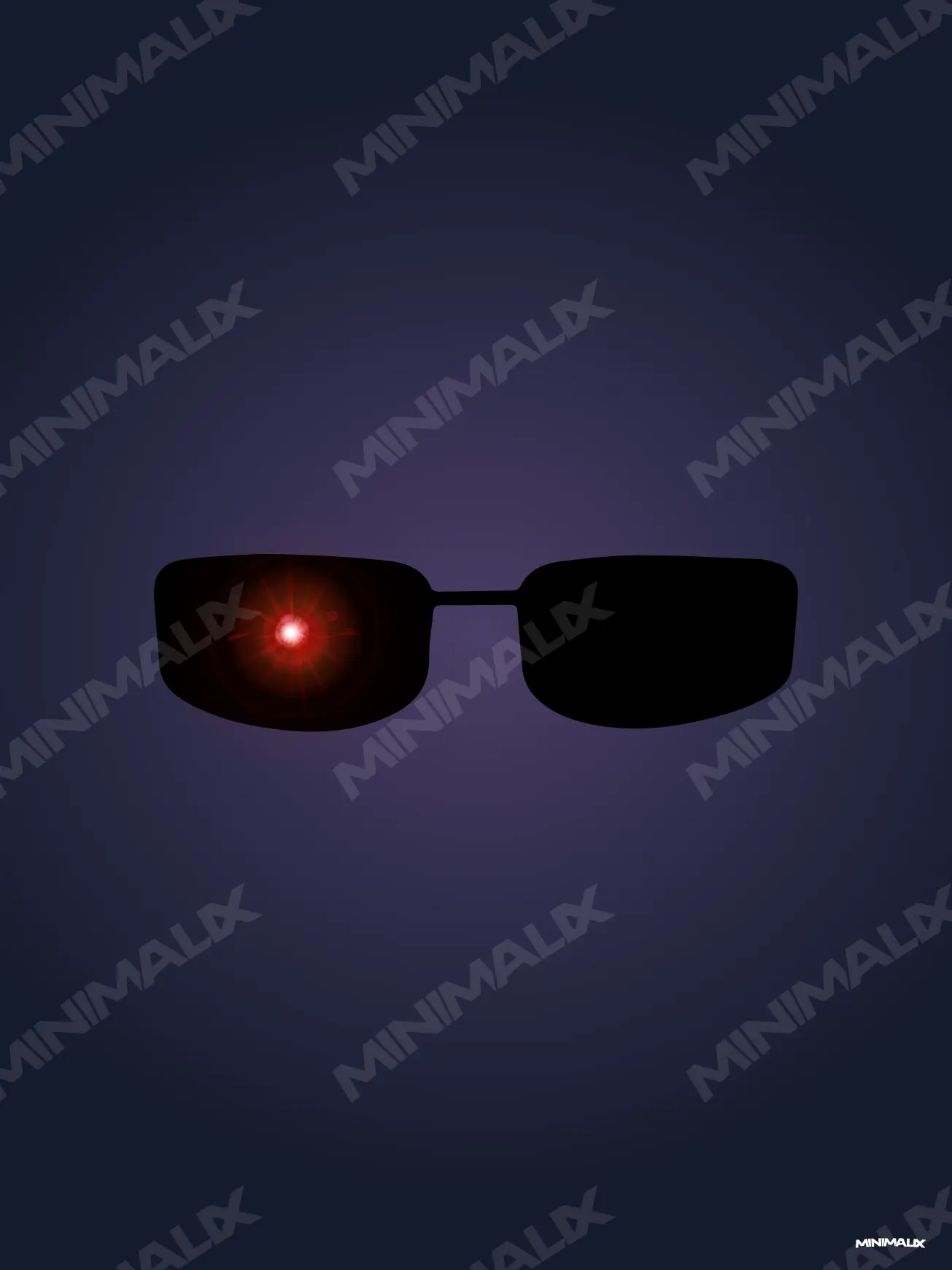 Affiche minimaliste violet foncé : une paire de lunettes de soleil noires rectangulaires, un œil rouge lumineux derrière le verre gauche, fond dégradé bleu nuit