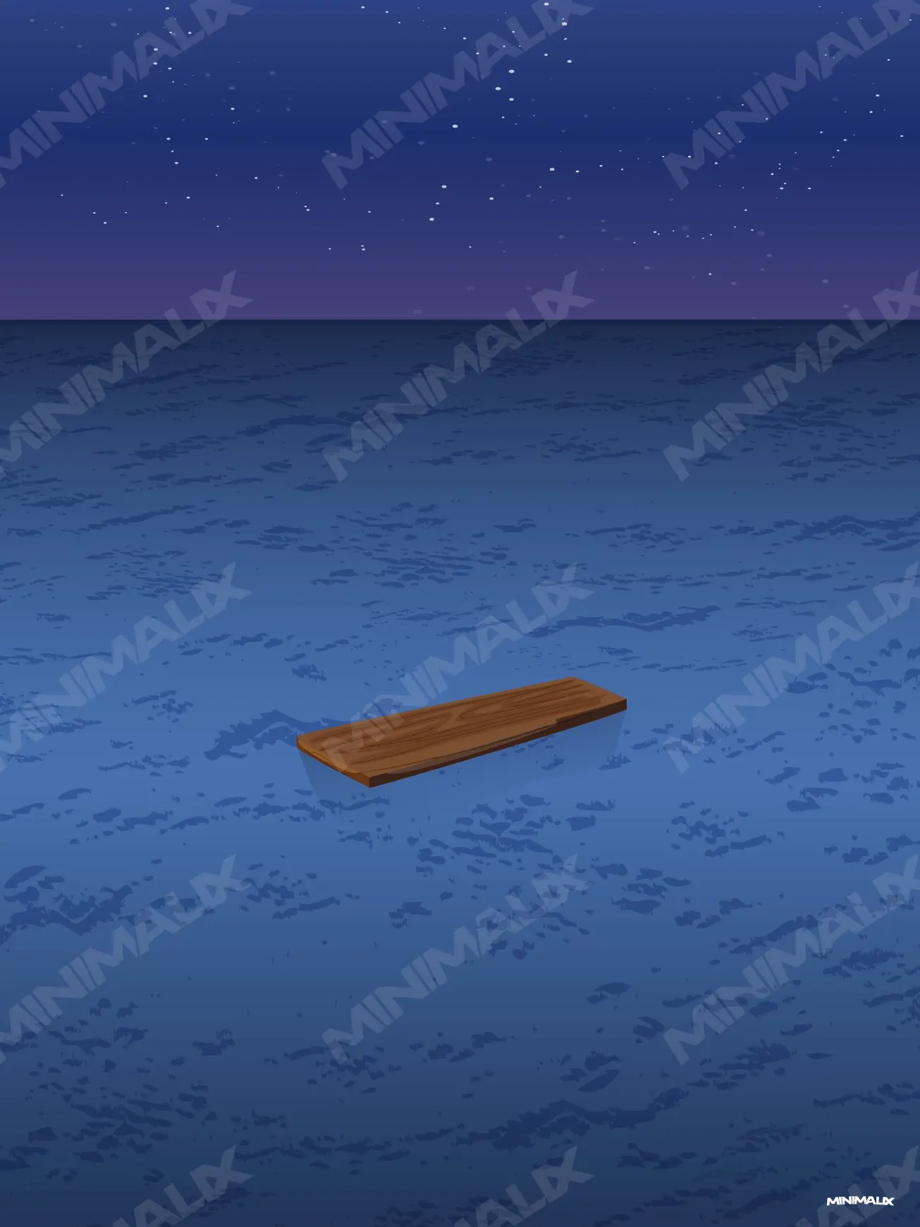 Affiche minimaliste bleue : une planche de bois brun flotte seule sur un océan bleu nuit sous un ciel étoilé, sans personne dessus