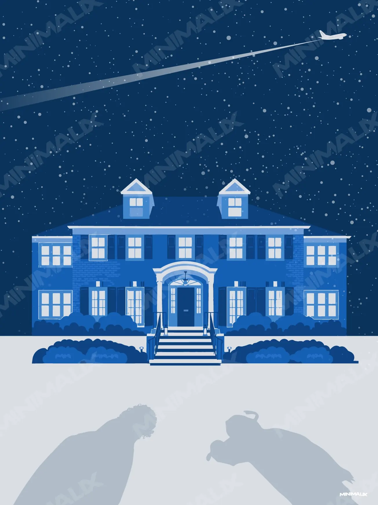 Affiche minimaliste bleue : grande maison de brique sous la neige, un avion qui s'éloigne dans la nuit et deux ombres d'hommes sur la pelouse blanche