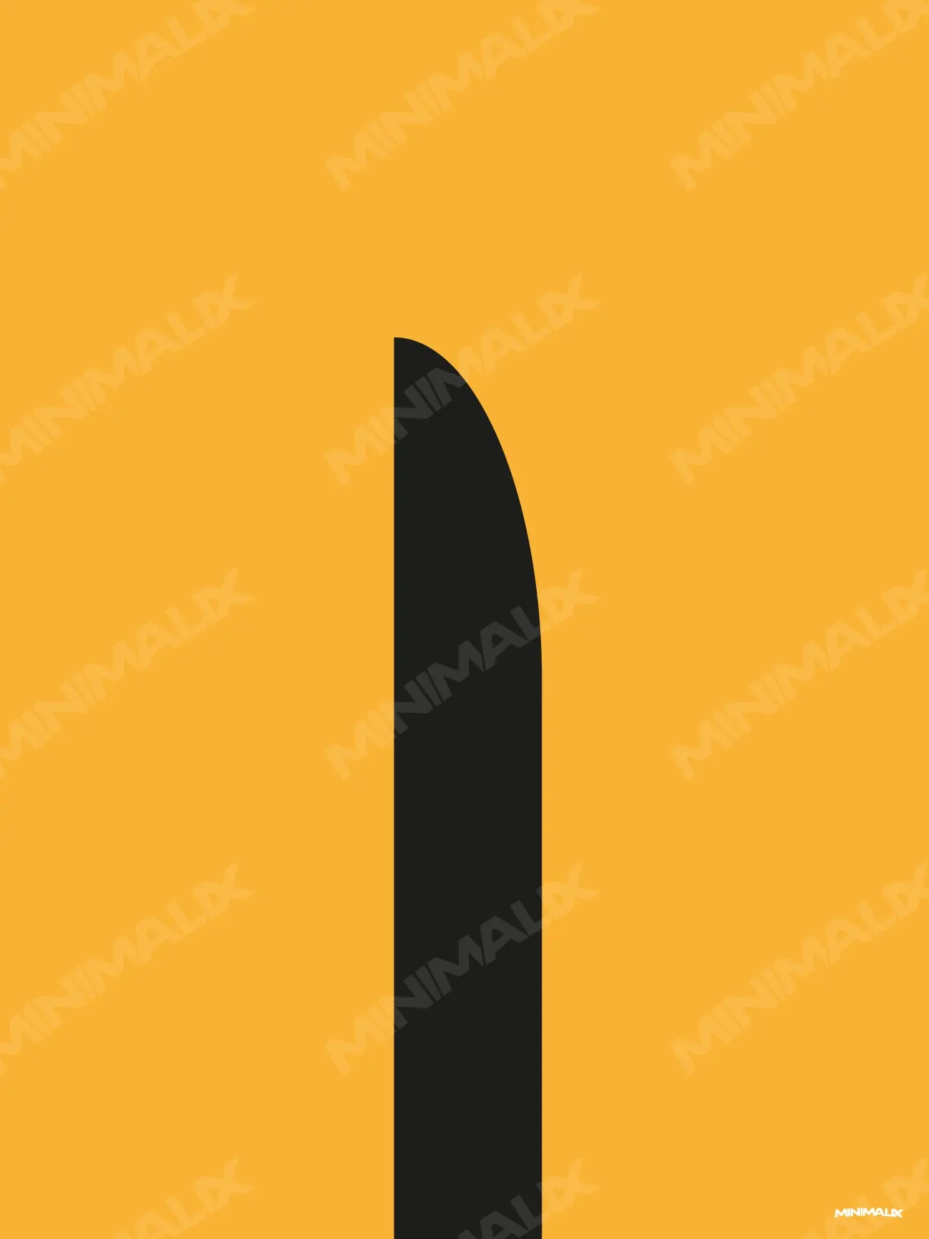 Affiche minimaliste jaune : la lame noire d'un katana dressée verticalement sur un fond jaune uni