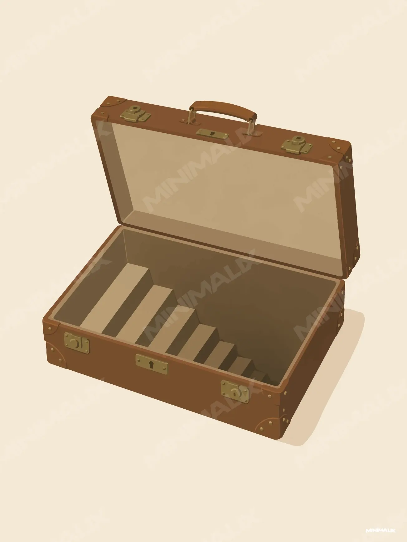 Affiche minimaliste beige : une valise en cuir brun ouverte, fermoirs dorés, avec un escalier de bois qui descend à l'intérieur, sur fond crème