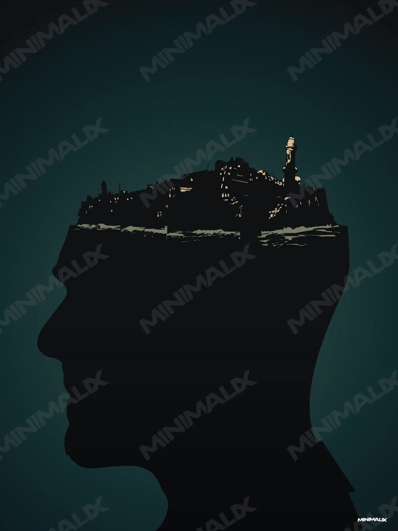 Affiche minimaliste vert sombre : profil d'une tête en silhouette noire dont le crâne porte une île avec un phare éclairé