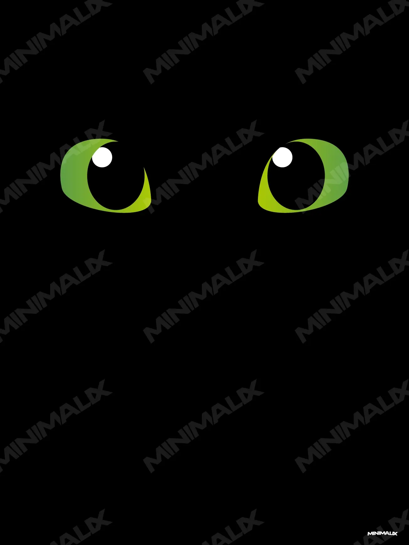 Affiche minimaliste noire : deux grands yeux verts en amande aux pupilles noires rondes et au reflet blanc, seuls sur un fond entièrement noir