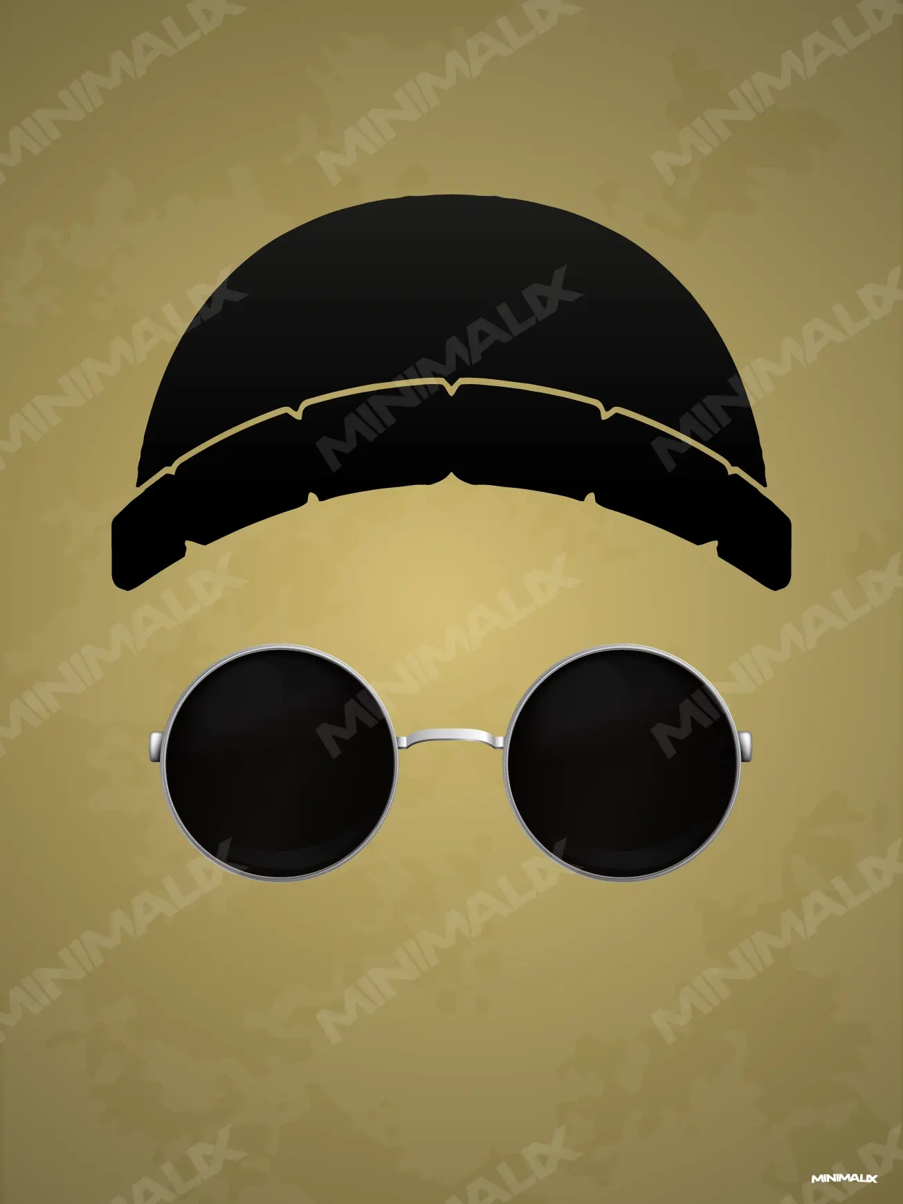 Affiche minimaliste beige et noire : un bonnet noir et des lunettes rondes aux verres noirs cerclées d'argent, sans visage, sur un fond ocre marbré