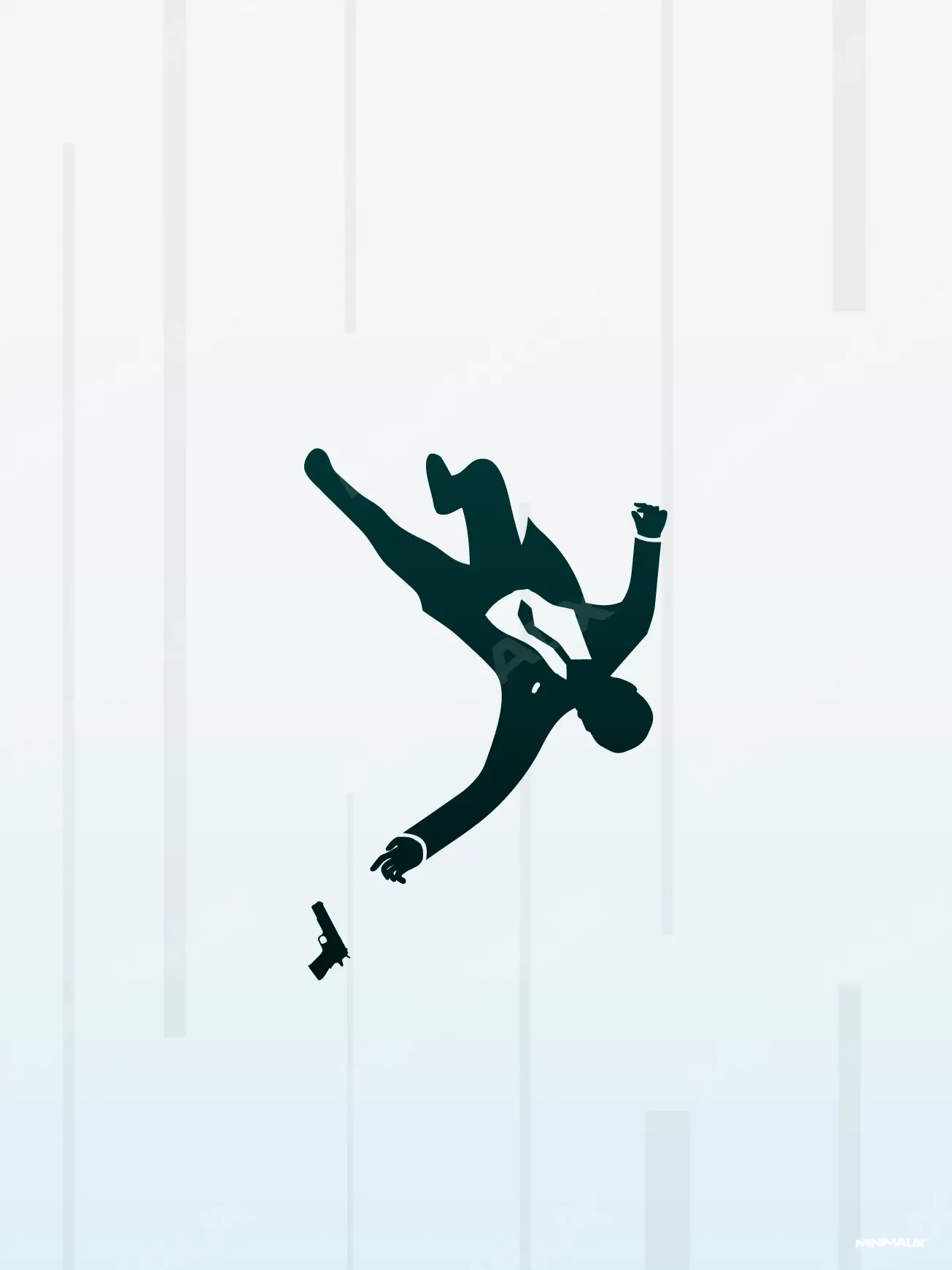 Affiche minimaliste blanche : la silhouette noire d'un homme en costume et cravate tombe en arrière, un pistolet lui échappe, fond blanc rayé de bandes gris pâle