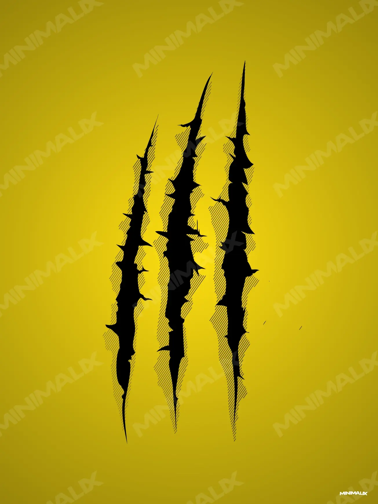 Affiche minimaliste jaune : trois entailles noires verticales aux bords déchirés, hachurées de traits fins, lacèrent un fond jaune moutarde éclairé au centre