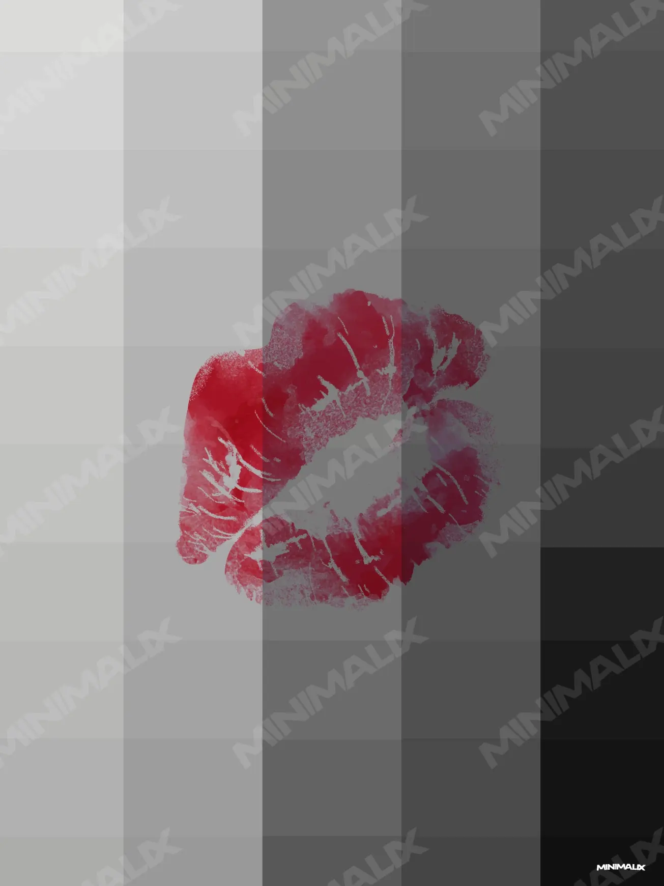 Affiche minimaliste grise : une trace de rouge à lèvres écarlate posée au centre d'une grille de carrés gris, du clair au presque noir