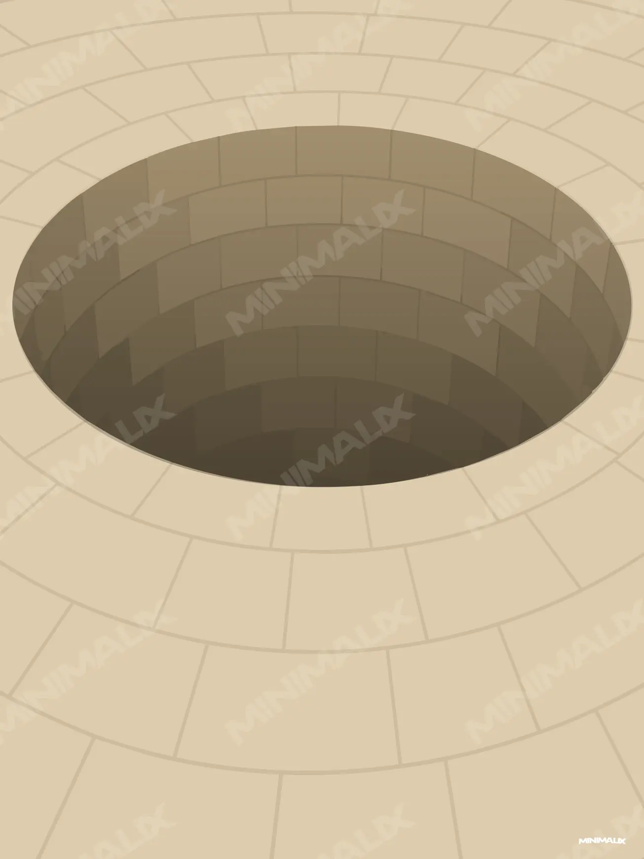 Affiche minimaliste beige : un puits circulaire en pierre vu de dessus, ouvert dans un dallage de pierre claire