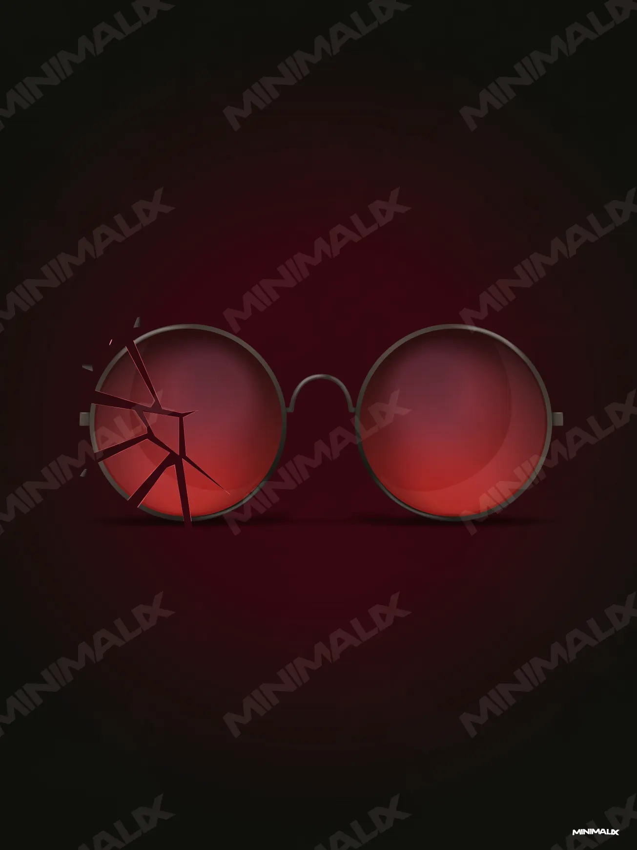 Affiche minimaliste noire : une paire de lunettes rondes à verres rouges sur fond noir, le verre gauche fêlé en étoile, halo sombre autour