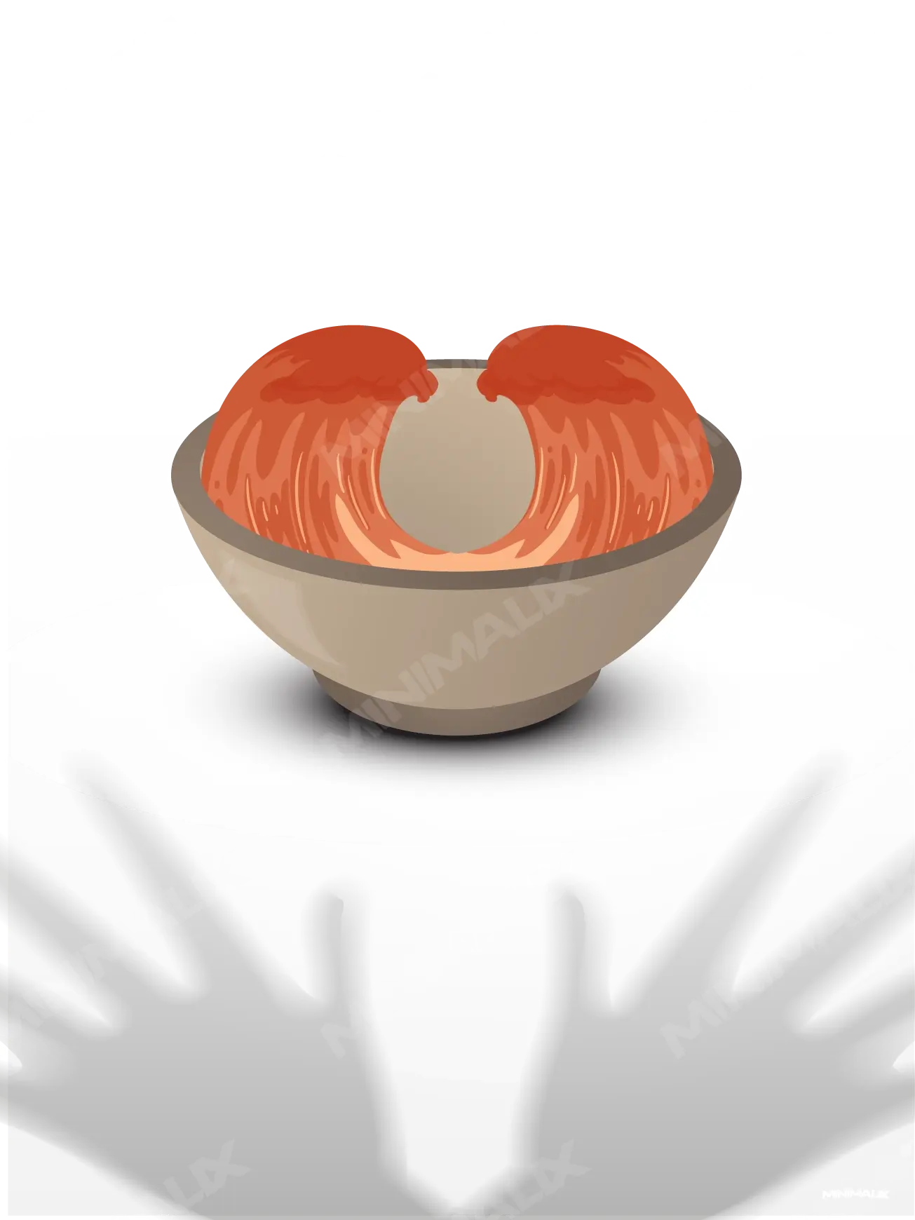 Affiche minimaliste blanche : un bol beige de soupe à la tomate dont le contenu orange se sépare en deux vagues, au-dessus de l'ombre grise de deux mains ouvertes