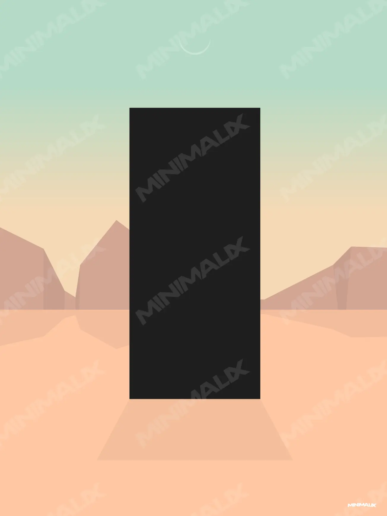 Affiche minimaliste pastel : un monolithe noir rectangulaire dressé dans un désert rose sous un ciel menthe et un croissant de lune