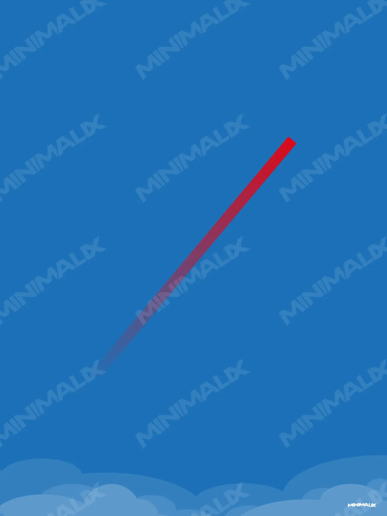 Affiche minimaliste bleue : une traînée diagonale rouge qui vire au bleu monte vers le coin supérieur droit d'un ciel bleu, au-dessus de nuages clairs