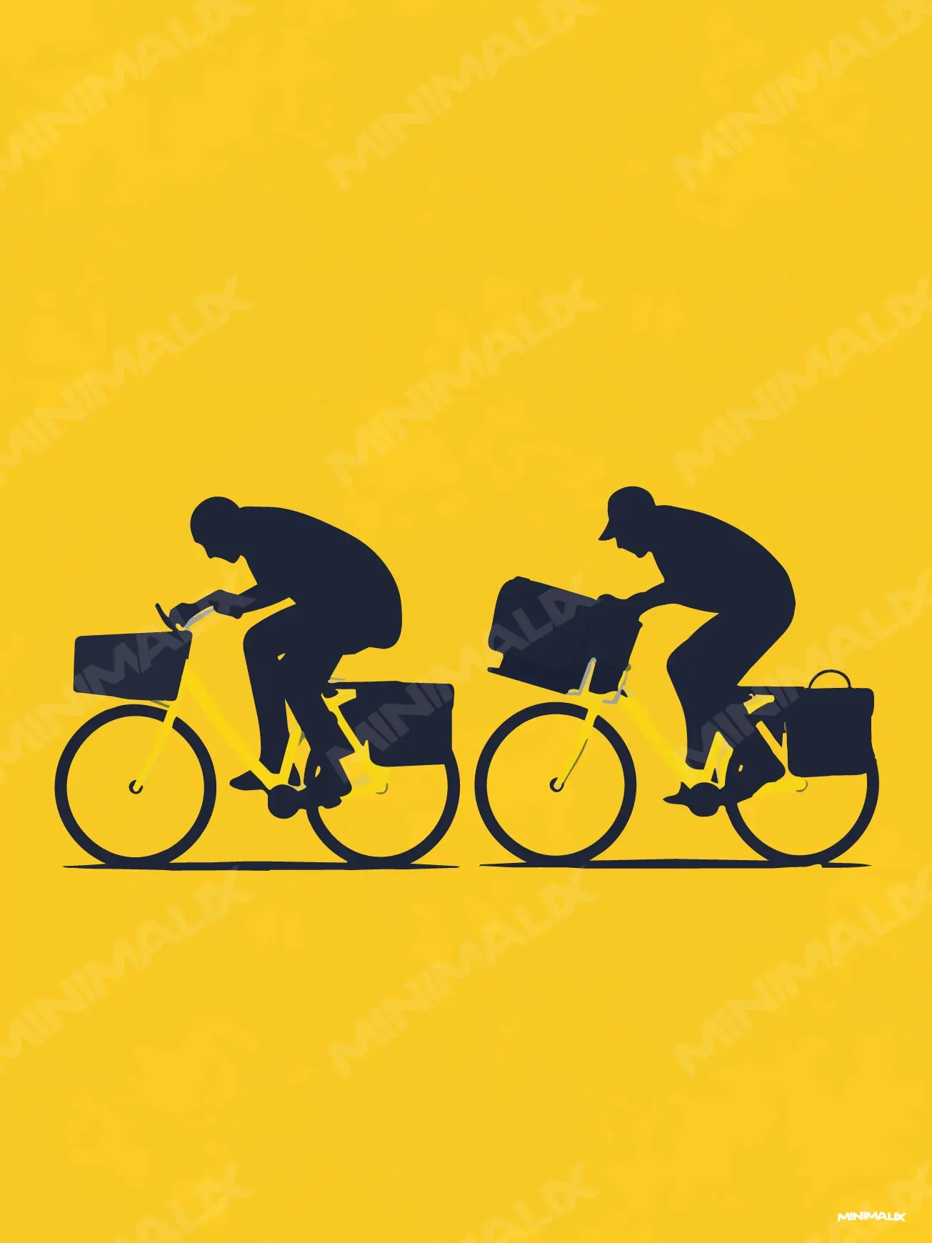 Affiche minimaliste jaune : deux facteurs à vélo en silhouettes bleu nuit, sacoches sur le guidon et le porte-bagages, roulant l'un derrière l'autre sur un fond jaune uni