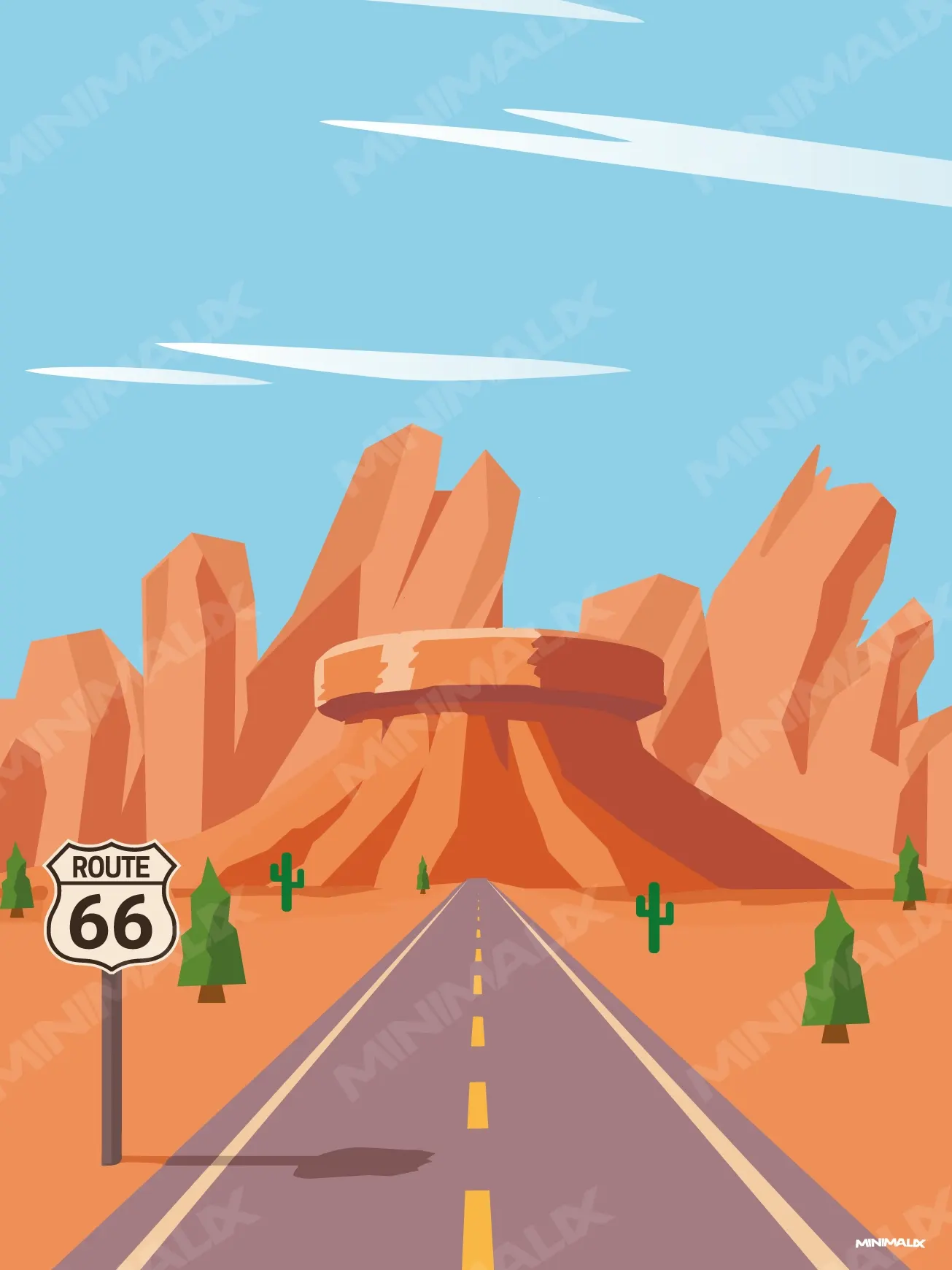 Affiche minimaliste orange : une route grise file droit vers des rochers rouges en forme de mesa, panneau Route 66, cactus verts et ciel turquoise