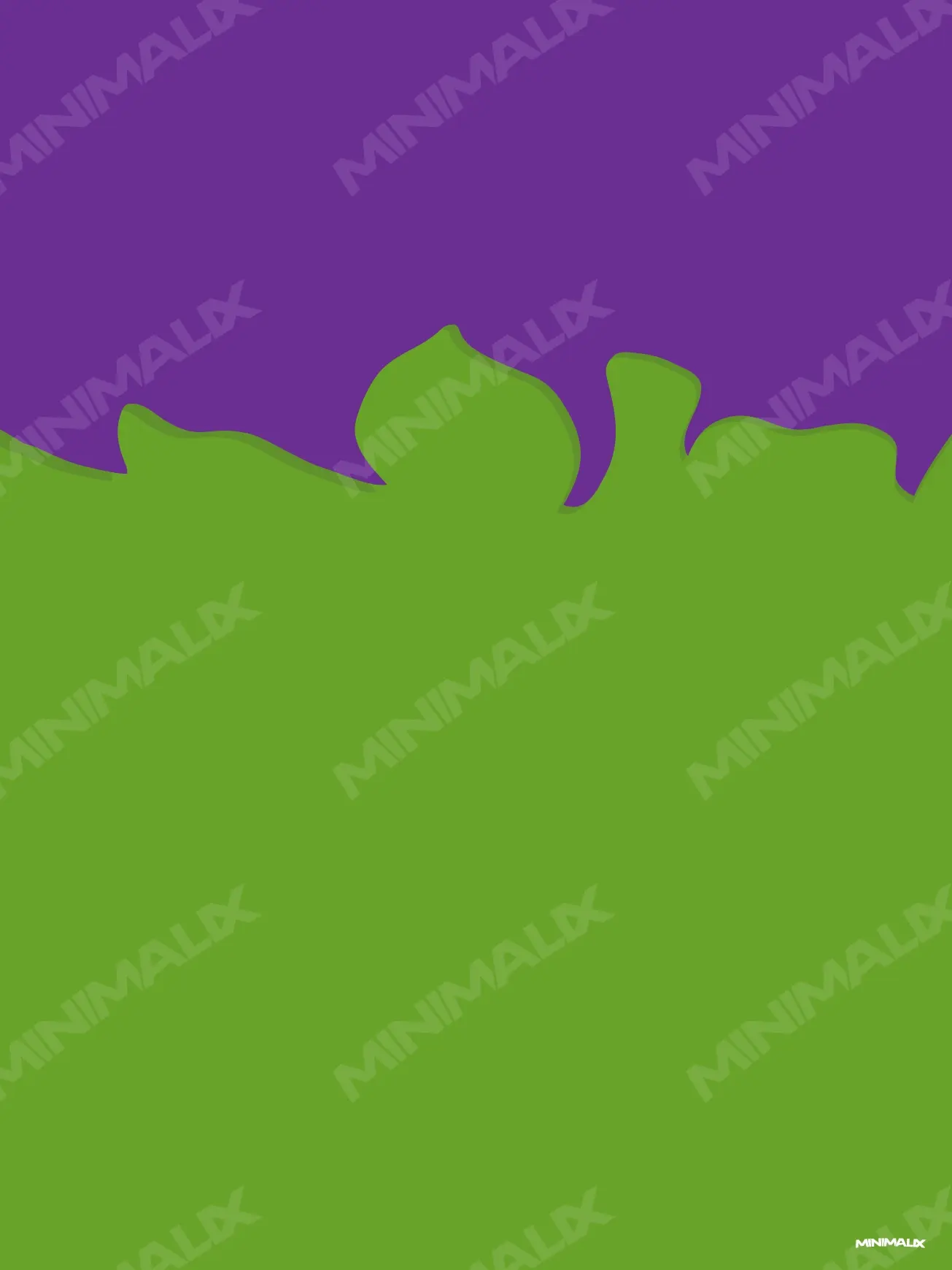 Affiche minimaliste verte : un aplat vert qui déchire et repousse un fond violet, bord irrégulier en bosses arrondies, deux couleurs seulement, aucun personnage