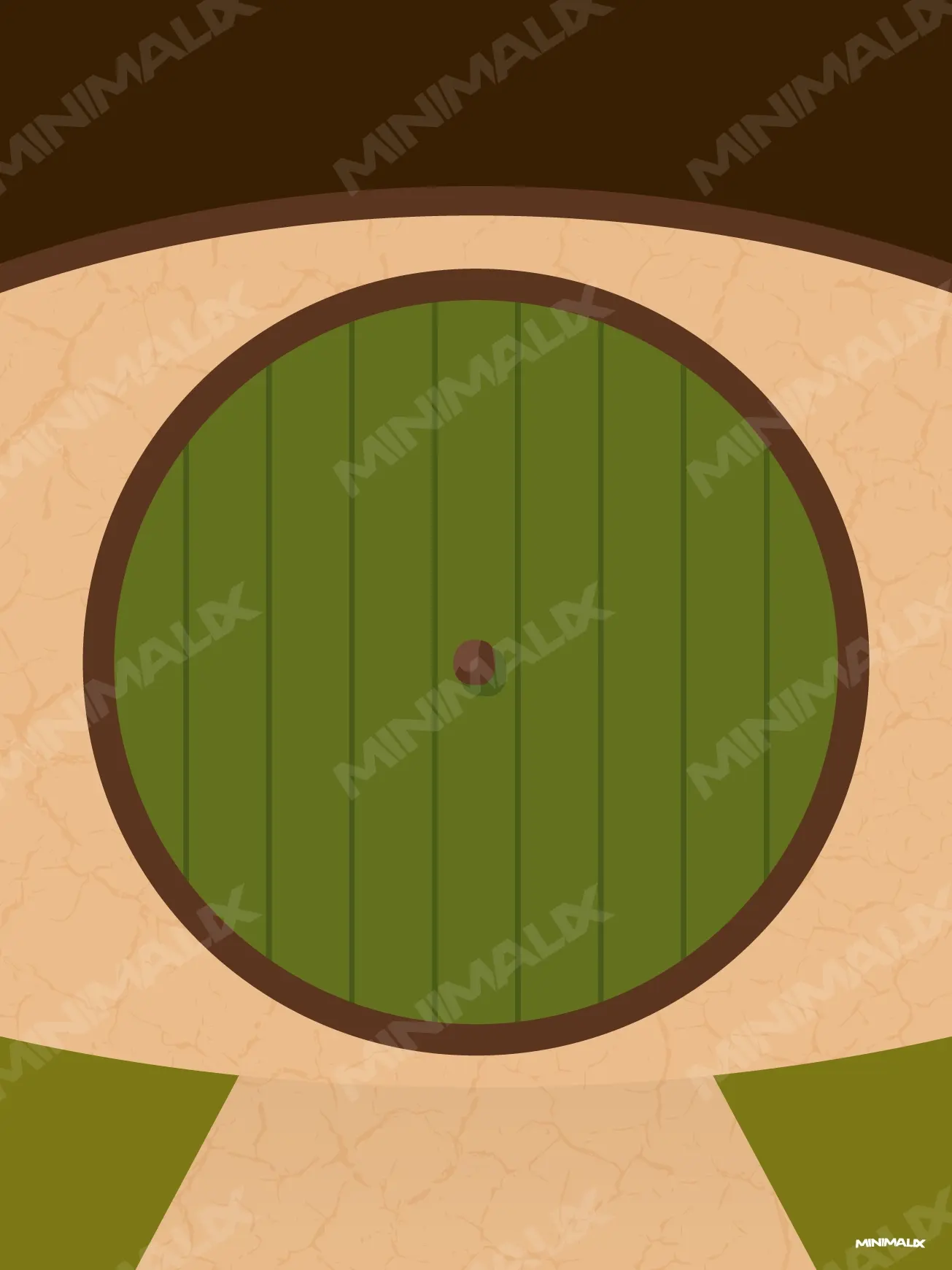 Affiche minimaliste verte : une porte ronde verte à lattes verticales, cadre brun et bouton central, percée dans un mur beige craquelé, chemin de sable au premier plan