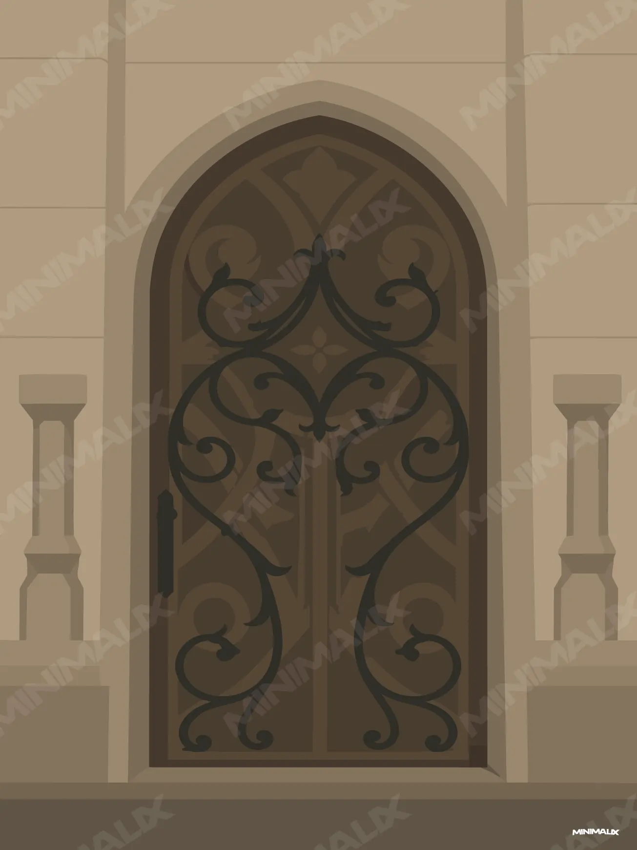 Affiche minimaliste vert olive : porte en ogive sombre ornée de volutes de fer forgé, encadrée de pierre beige et de deux petites colonnes