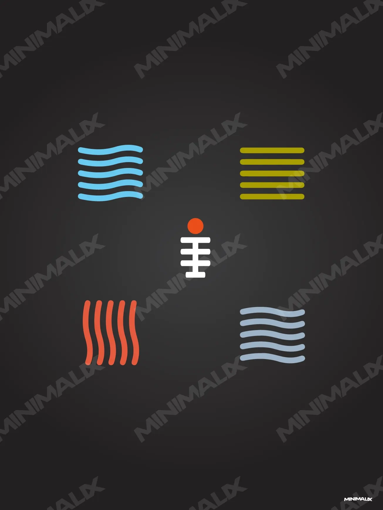 Affiche minimaliste noire : quatre groupes de lignes colorées, bleu ondulé, jaune droit, rouge vertical, gris-bleu ondulé, autour d'un signe blanc à barres et point orange