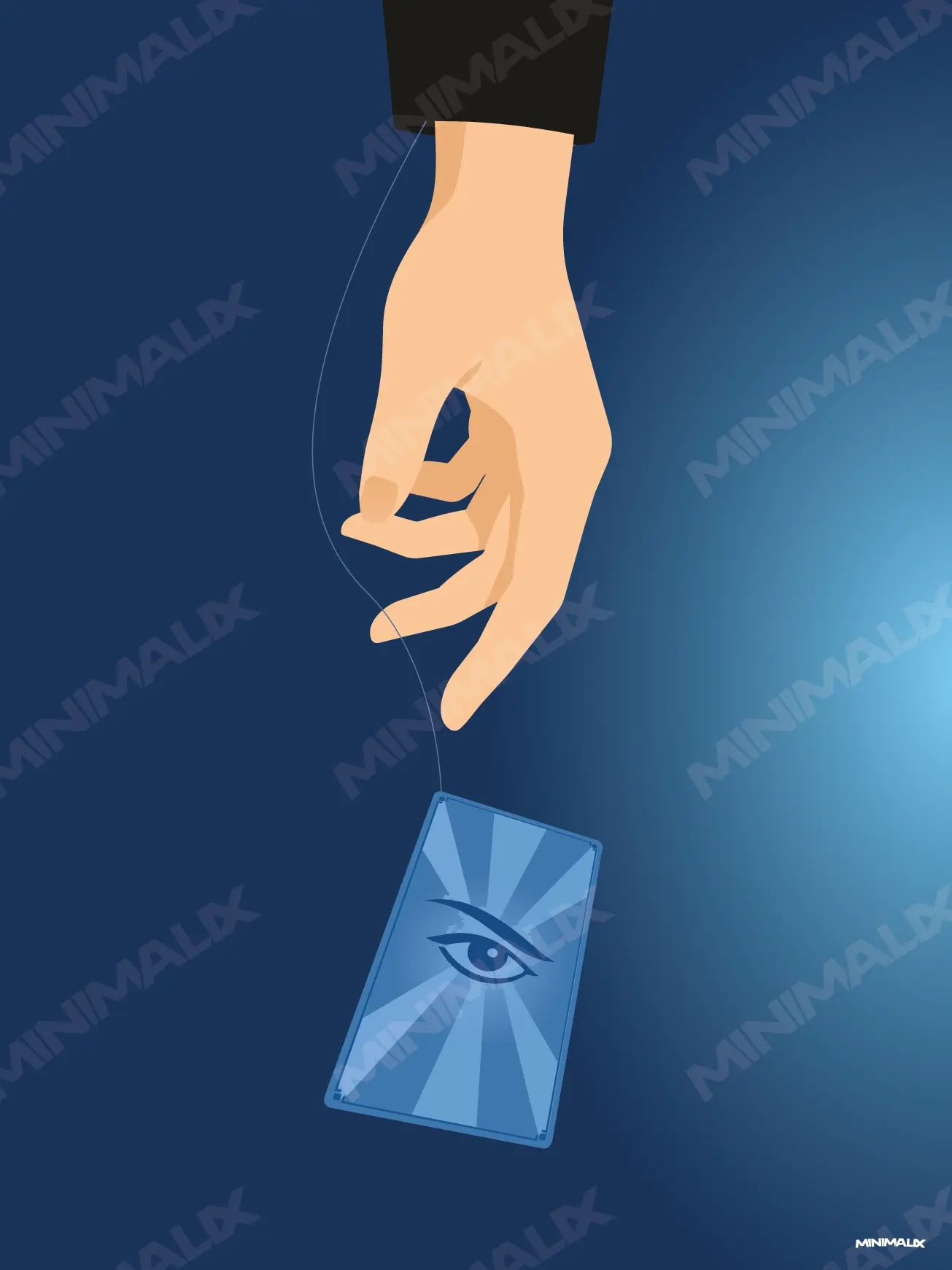 Affiche minimaliste bleue : une main sortant d'une manche noire retient par un fil une carte à jouer bleue ornée d'un œil rayonnant, sur un fond bleu nuit