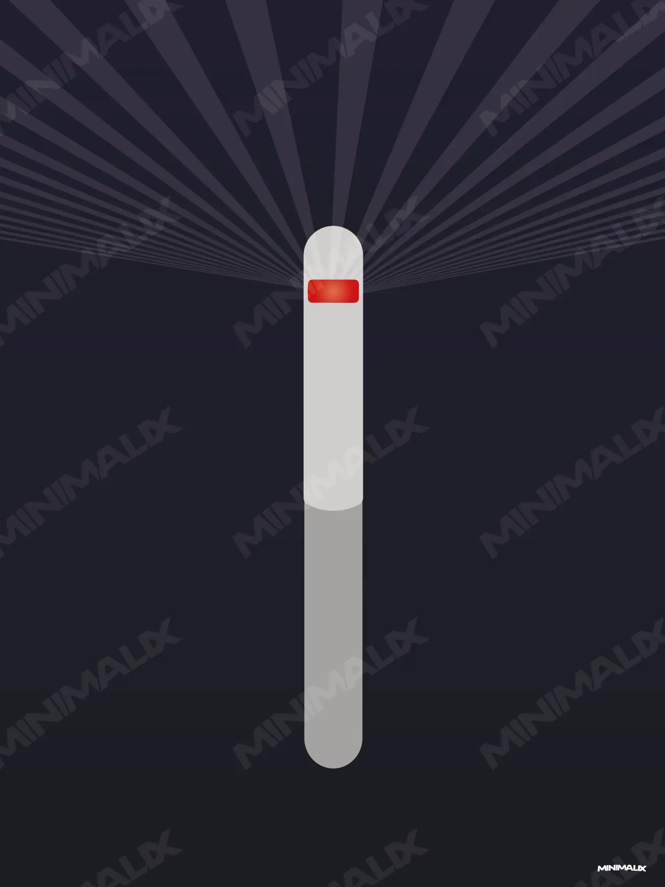 Affiche minimaliste bleu nuit : un petit cylindre argenté vertical avec une lumière rouge à son sommet, d'où partent des rayons pâles vers le haut du fond sombre