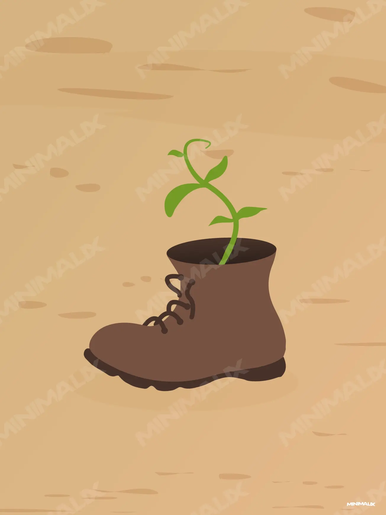 Affiche minimaliste beige : une vieille chaussure montante brune à lacets posée sur un sol de sable, d'où sort une jeune pousse verte à quelques feuilles