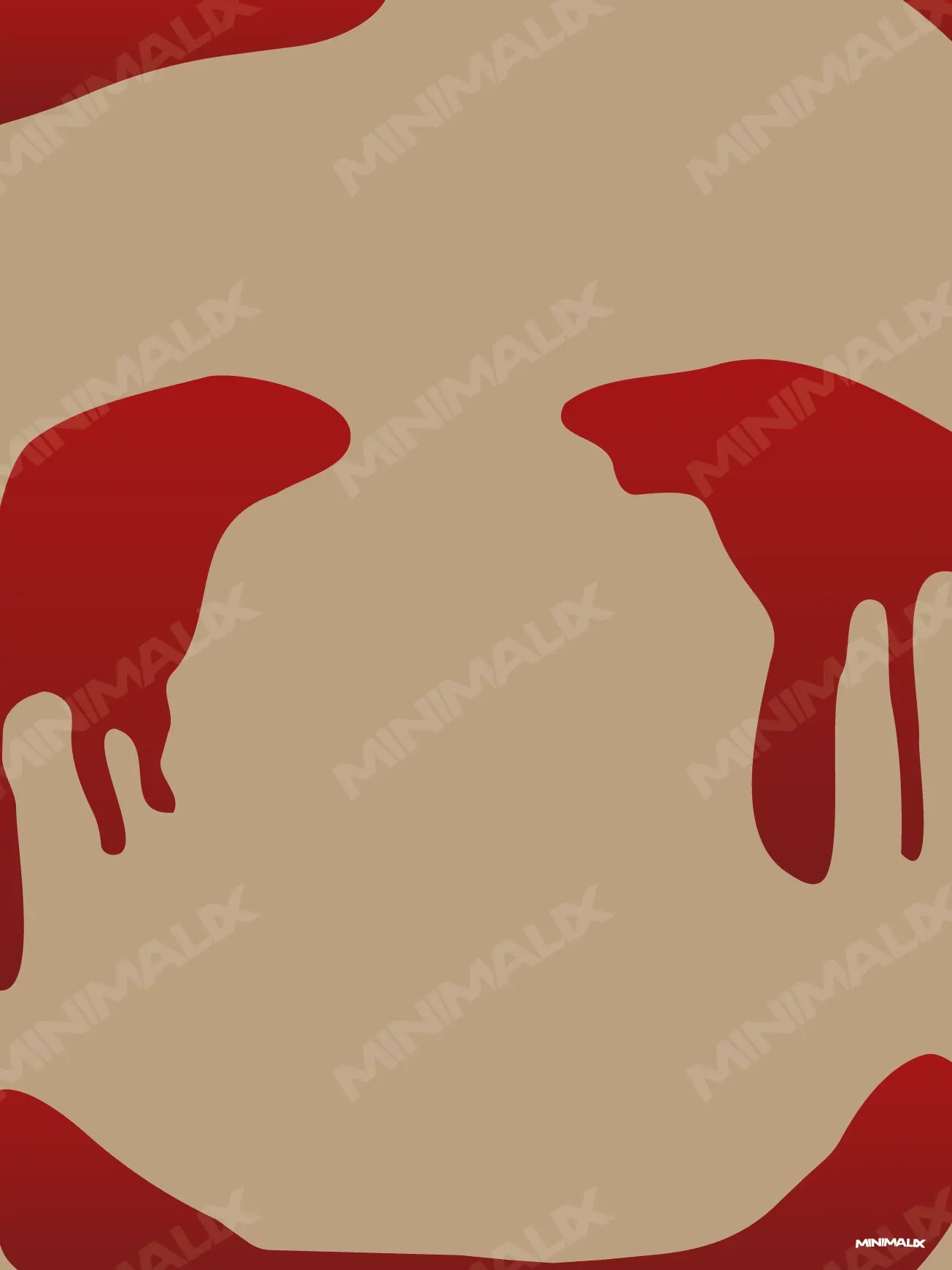 Affiche minimaliste beige : deux larges traces rouges qui coulent, tracées au doigt sur un fond kaki, des angles rouges en haut et en bas, un visage à peine suggéré