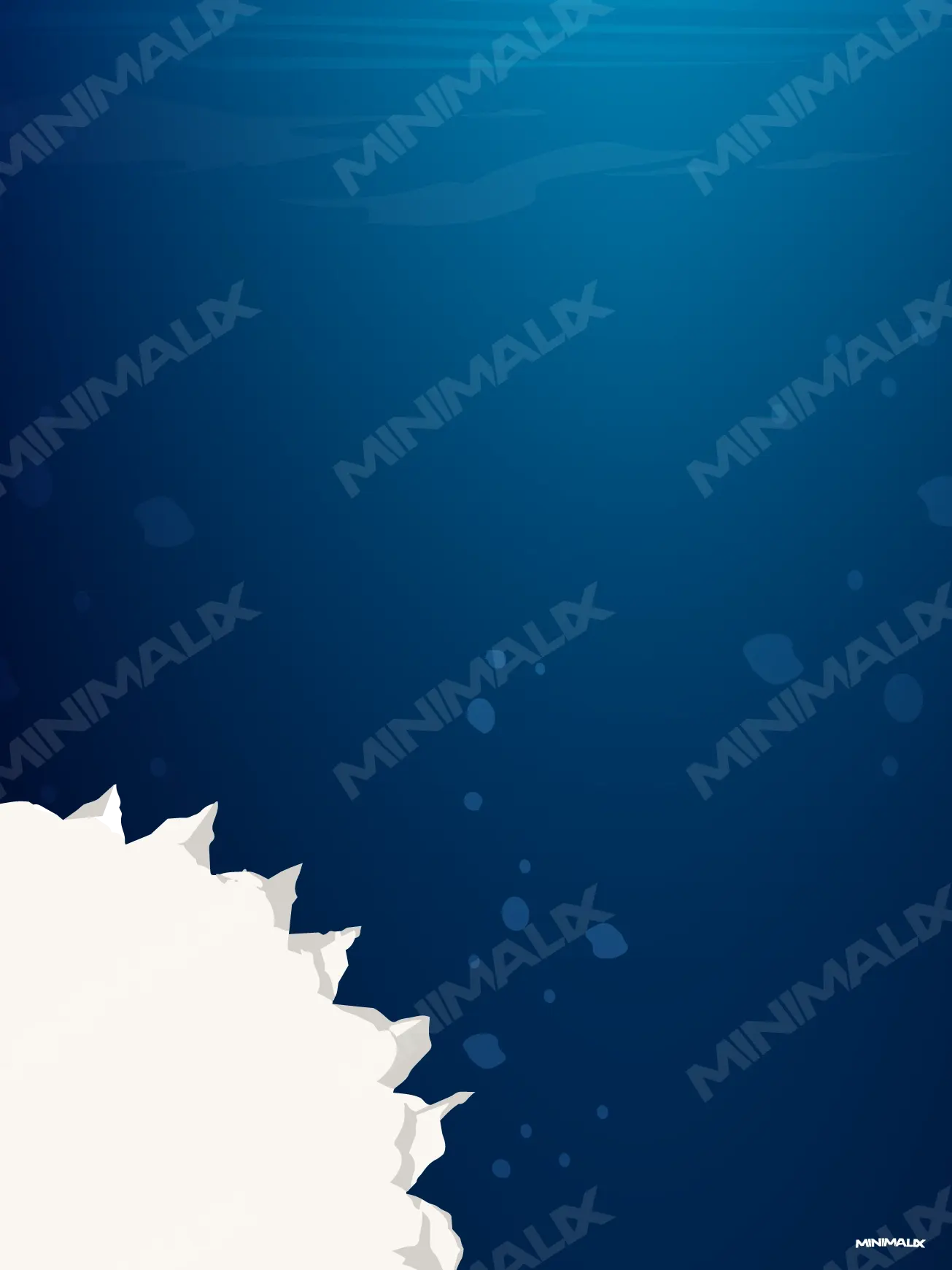 Affiche minimaliste bleu océan : vue sous-marine avec des bulles, une rangée de dents blanches émerge en bas à gauche