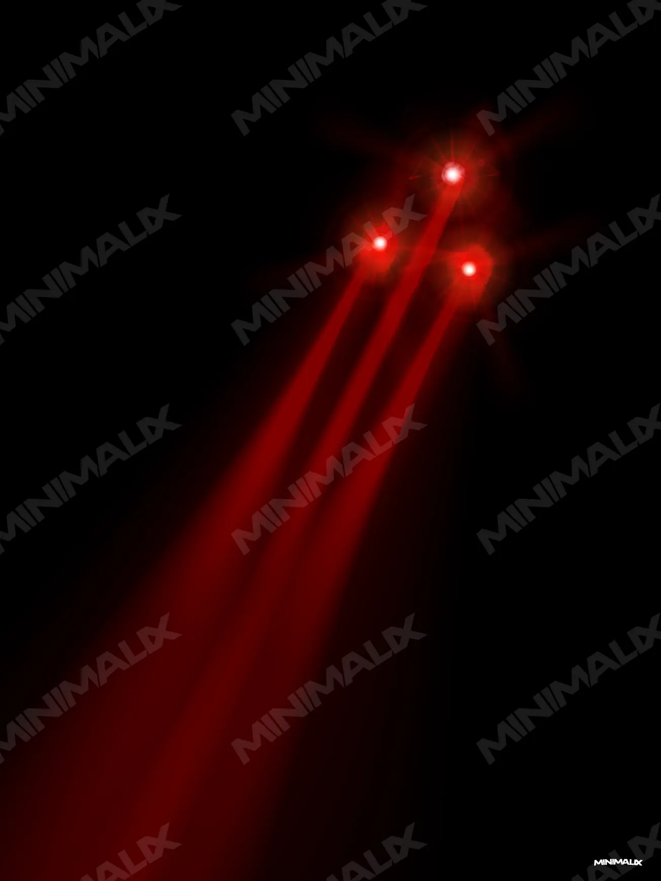 Affiche minimaliste noire : trois points rouges lumineux en triangle dans le coin supérieur droit, d'où partent trois faisceaux laser rouges vers le bas de l'image