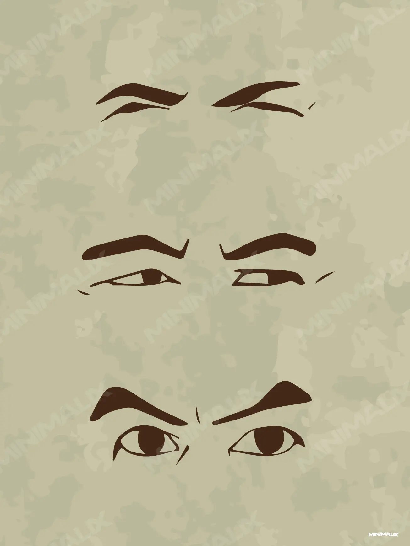 Affiche minimaliste beige : trois paires d'yeux plissés dessinées en brun, superposées sur un fond sable