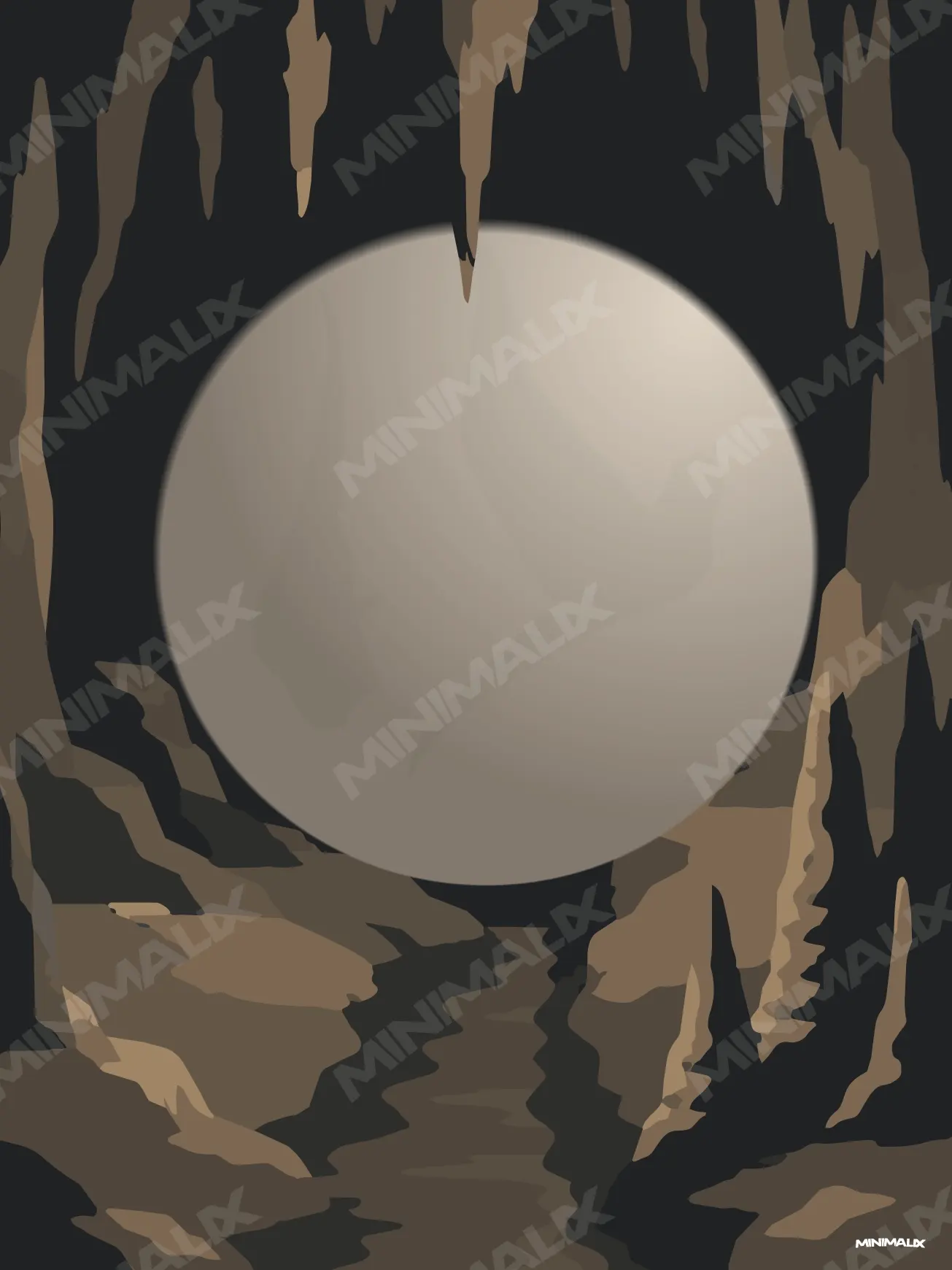 Affiche minimaliste marron : une grande sphère de pierre grise remplit une grotte aux stalactites ocre, un couloir de roche descend vers le bas de l'image sur fond noir
