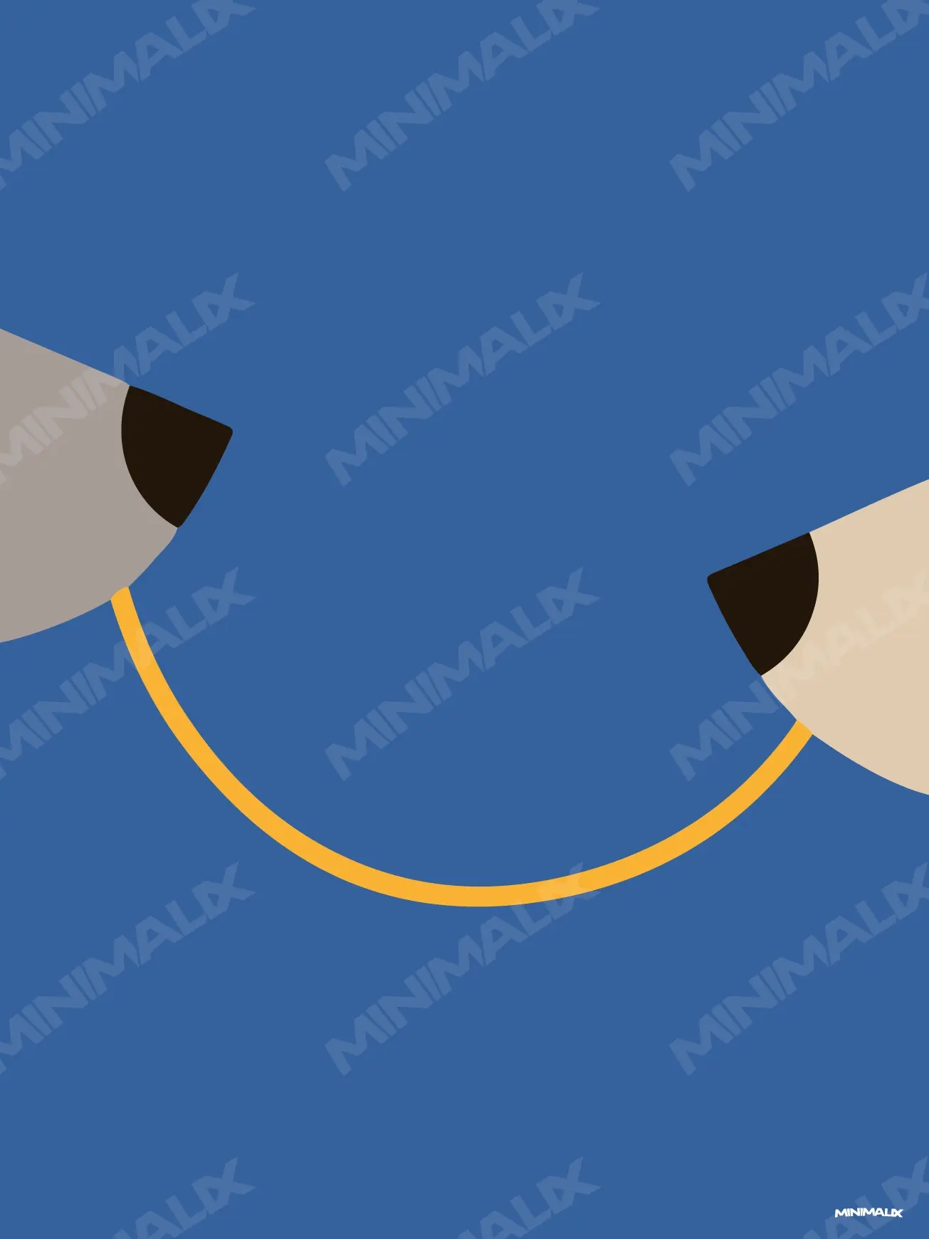 Affiche minimaliste bleue : deux museaux de chien, l'un gris, l'autre crème, reliés par un seul spaghetti jaune sur un fond bleu uni