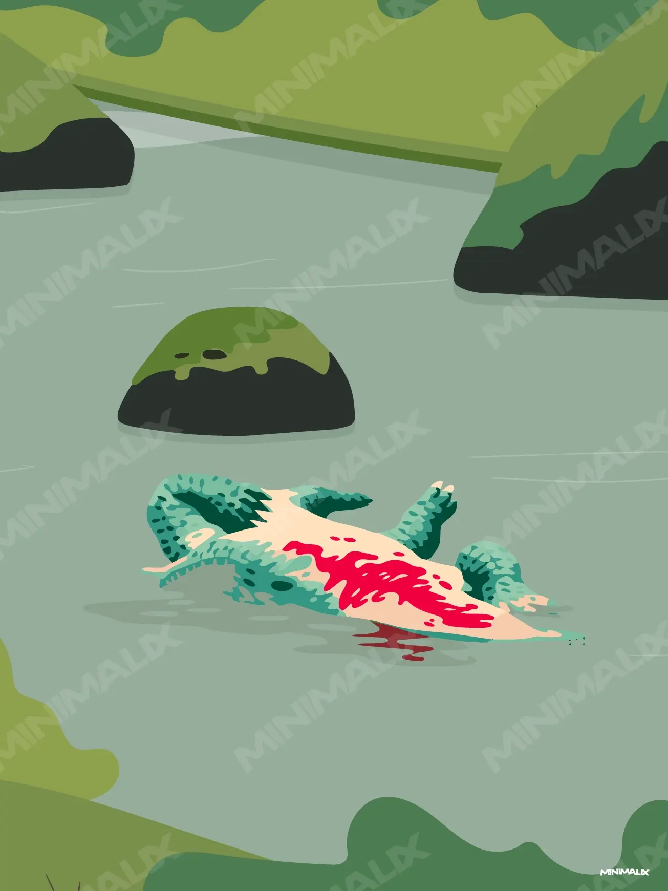 Affiche minimaliste verte : un crocodile bleu-vert flotte sur le dos, ventre ouvert taché de rouge, dans une rivière grise bordée de jungle et d'un rocher moussu