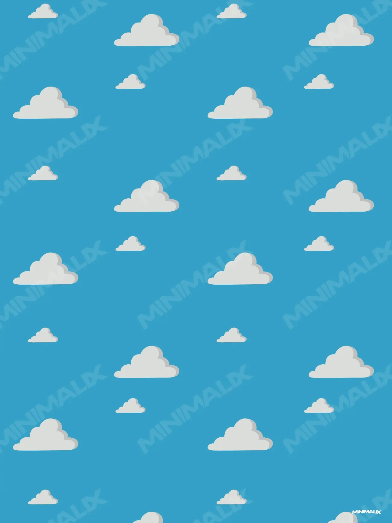 Affiche minimaliste bleue : un motif régulier de nuages blancs à l'ombre grise, grands et petits en alternance, sur un fond bleu ciel uni