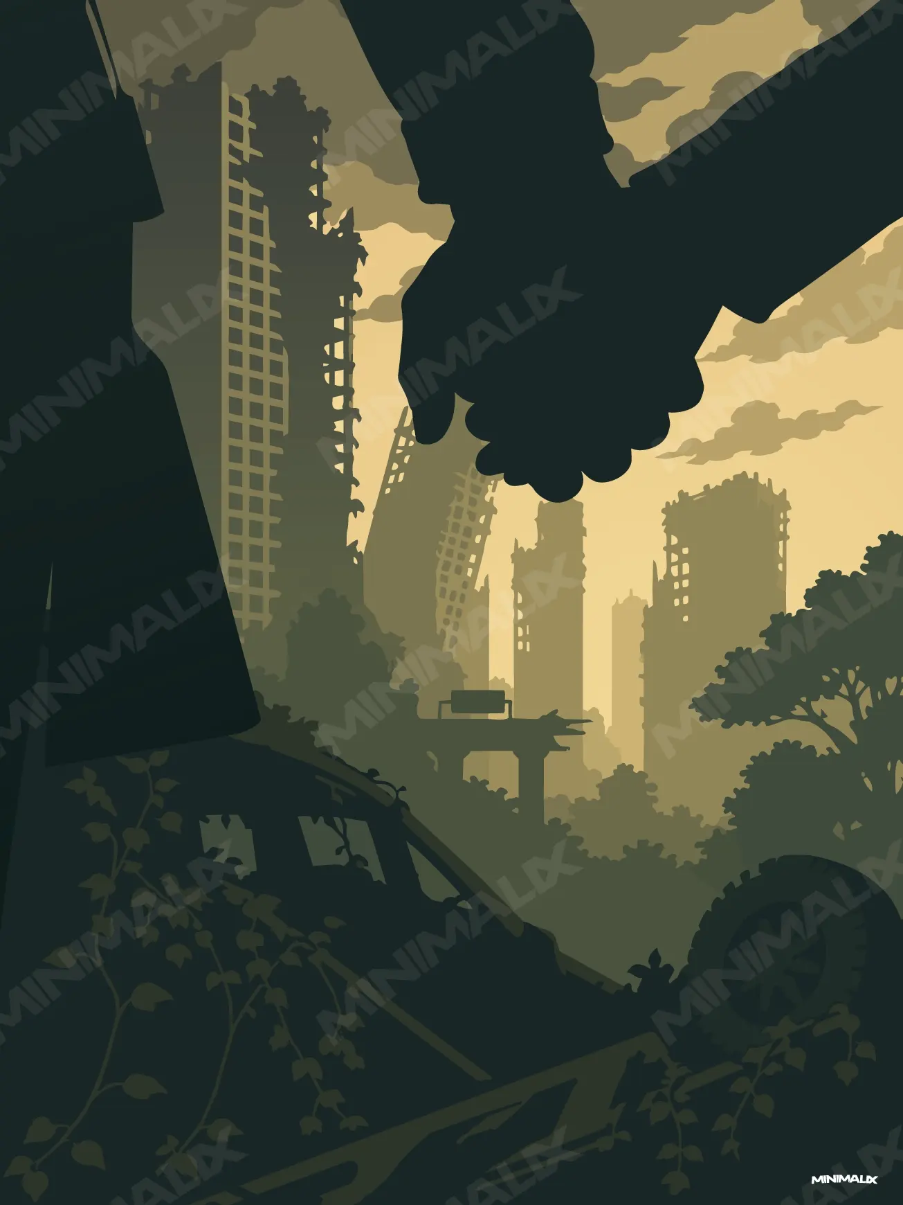 Affiche minimaliste verte : deux mains en silhouette noire se tiennent au premier plan, derrière elles une ville en ruine sous les lianes, un pont effondré et un ciel jaune