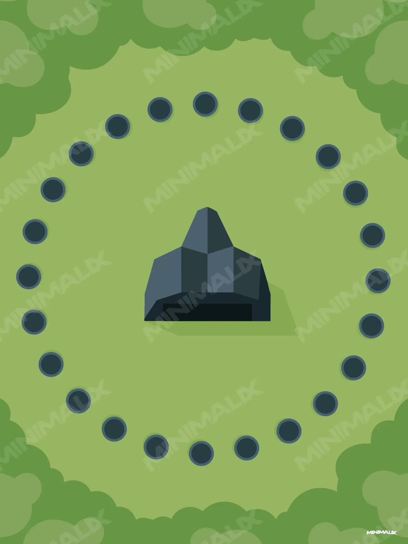 Affiche minimaliste verte : vue du ciel d'une clairière cernée d'arbres, vingt-quatre plateformes rondes disposées en cercle autour d'un abri gris à facettes