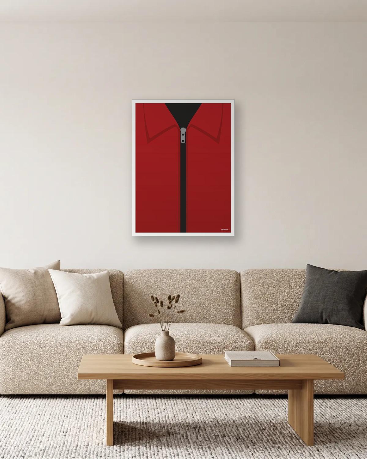 Combinaison rouge, affiche encadrée dans un salon